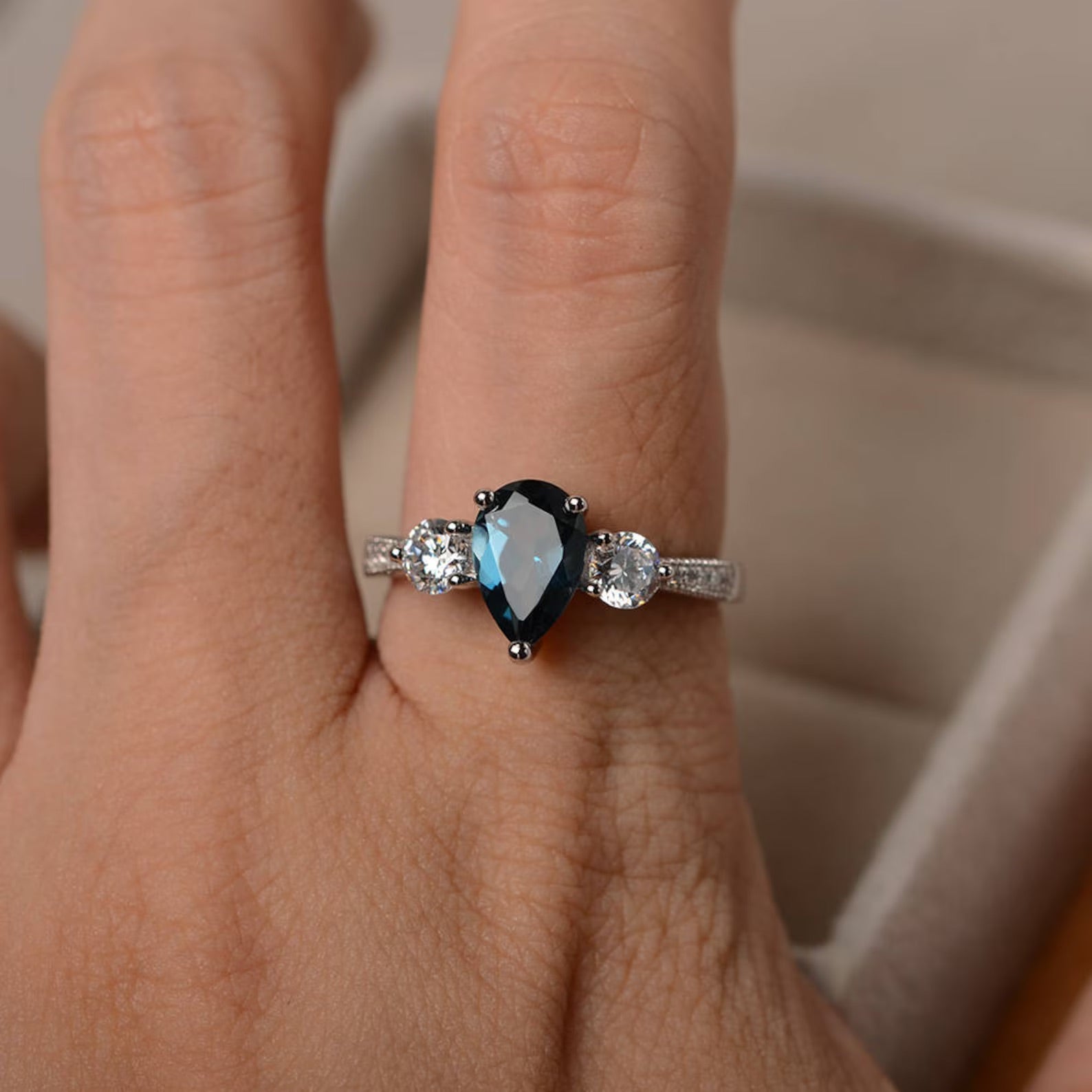 London Blue Topaz Pear Cut Stone Ring - ARTSY SILVER