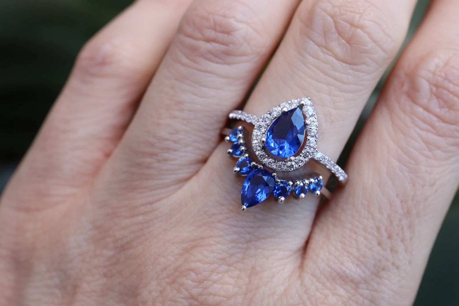 Pear Cut Blue Sapphire 2 Set Ring