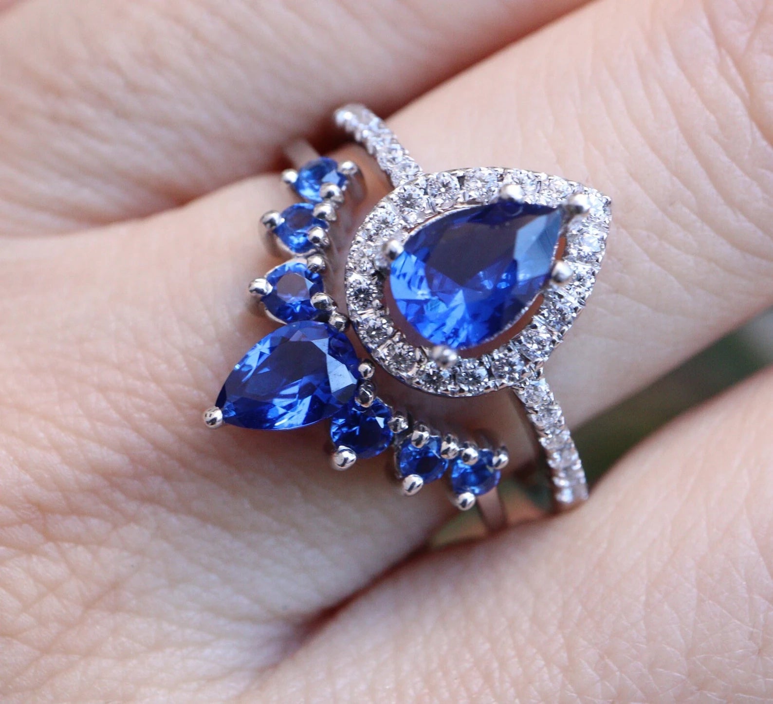 Pear Cut Blue Sapphire 2 Set Ring