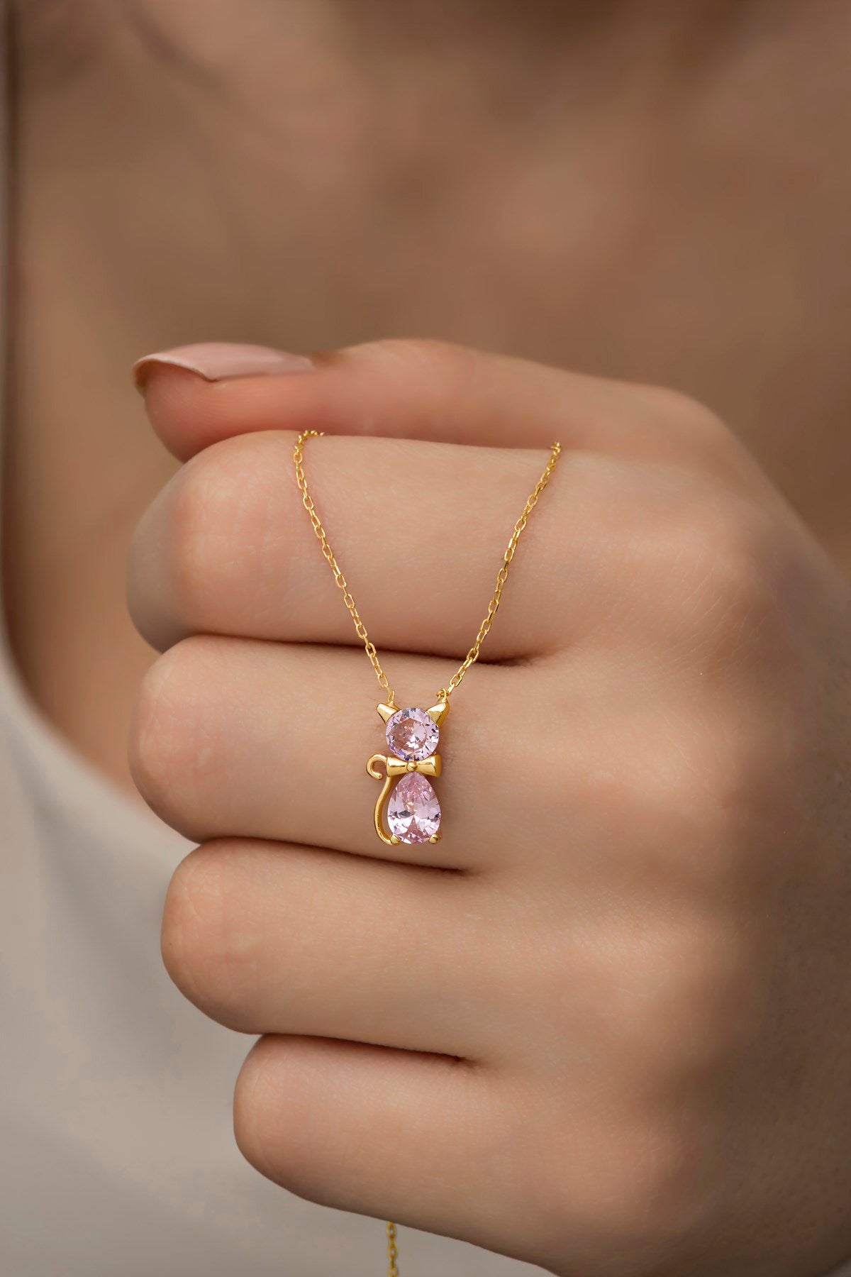 Marie Pink Stone Cat Gold Plated Necklace