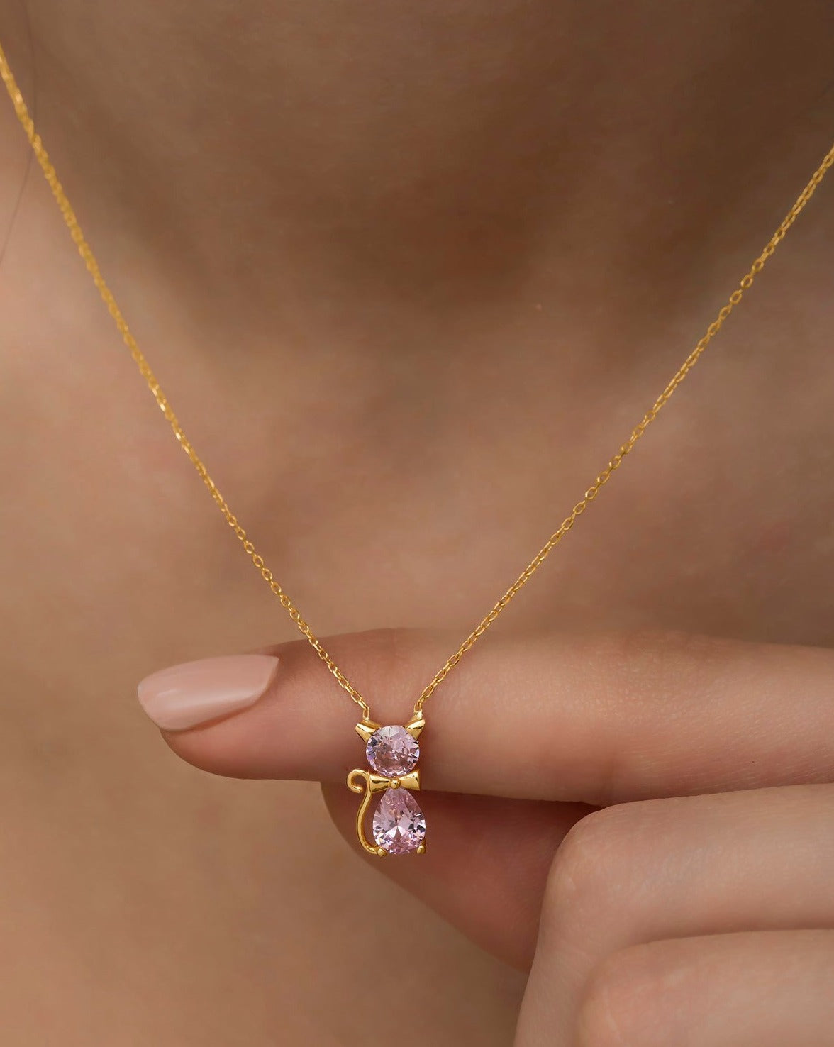 Marie Pink Stone Cat Gold Plated Necklace