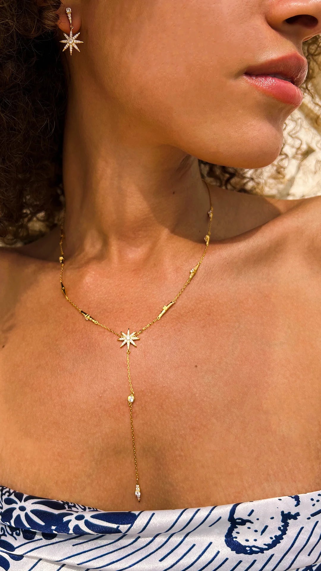 Golden Star Lariat Necklace And Earrings Set