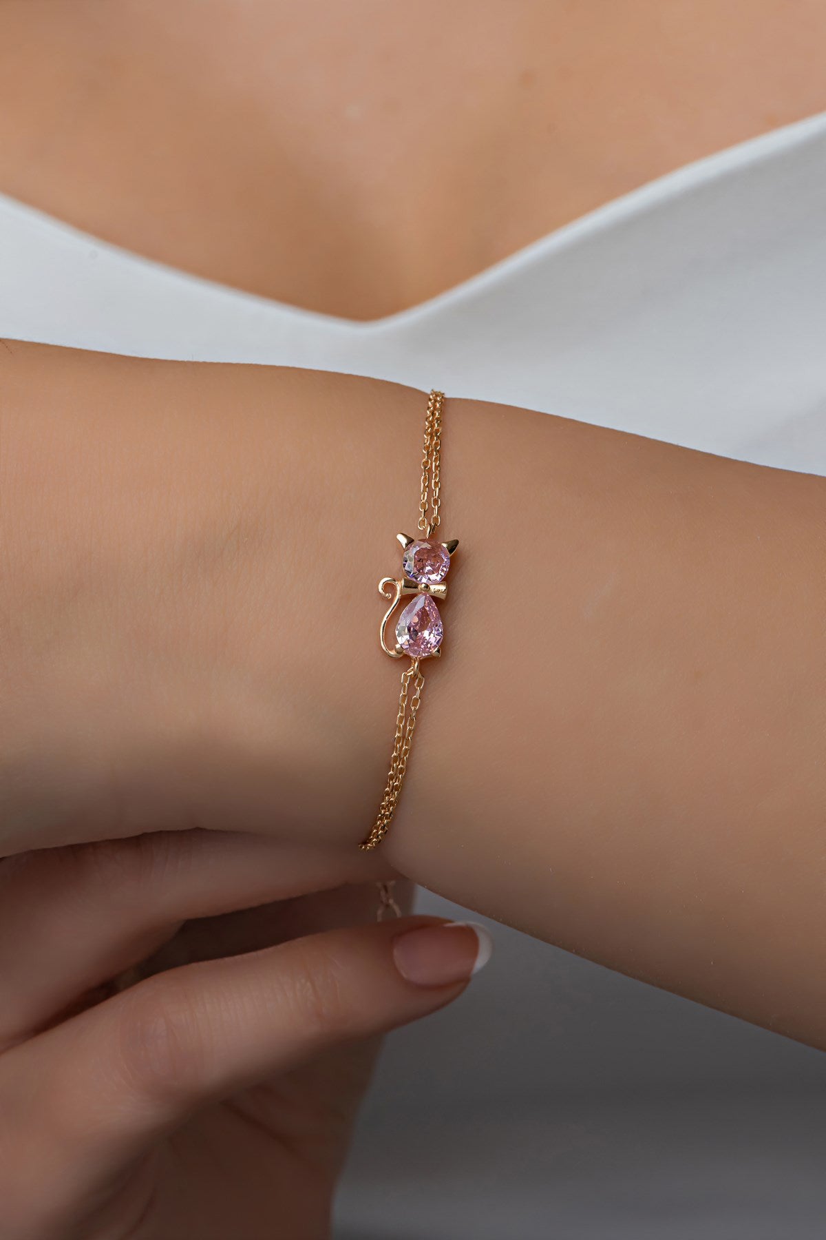 Pink Stone Cat Gold Plated Bracelet - ARTSY SILVER