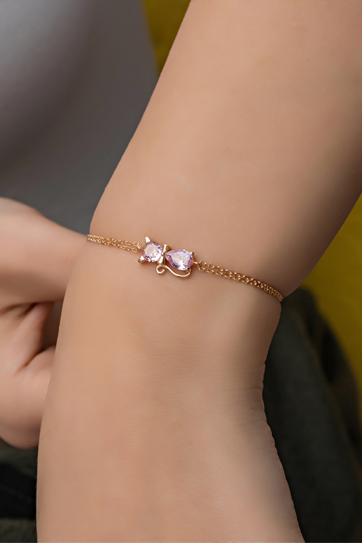 Pink Stone Cat Gold Plated Bracelet - ARTSY SILVER