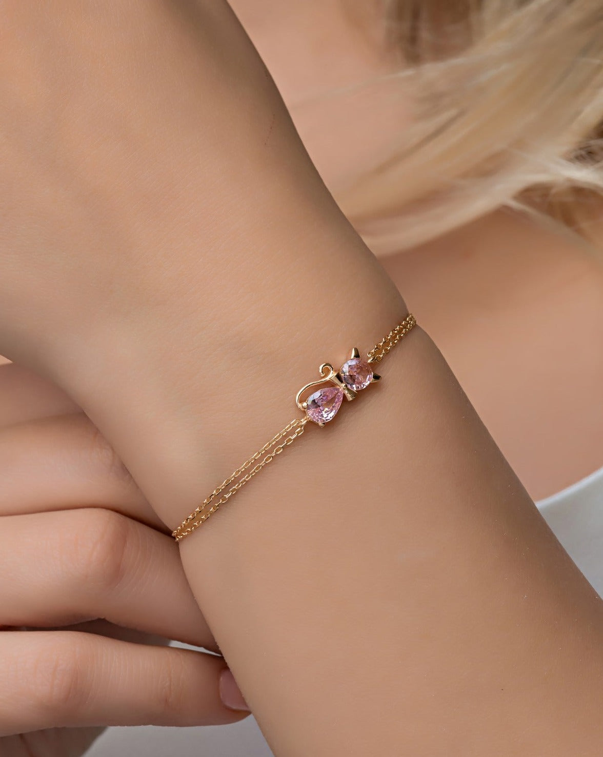 Pink Stone Cat Gold Plated Bracelet