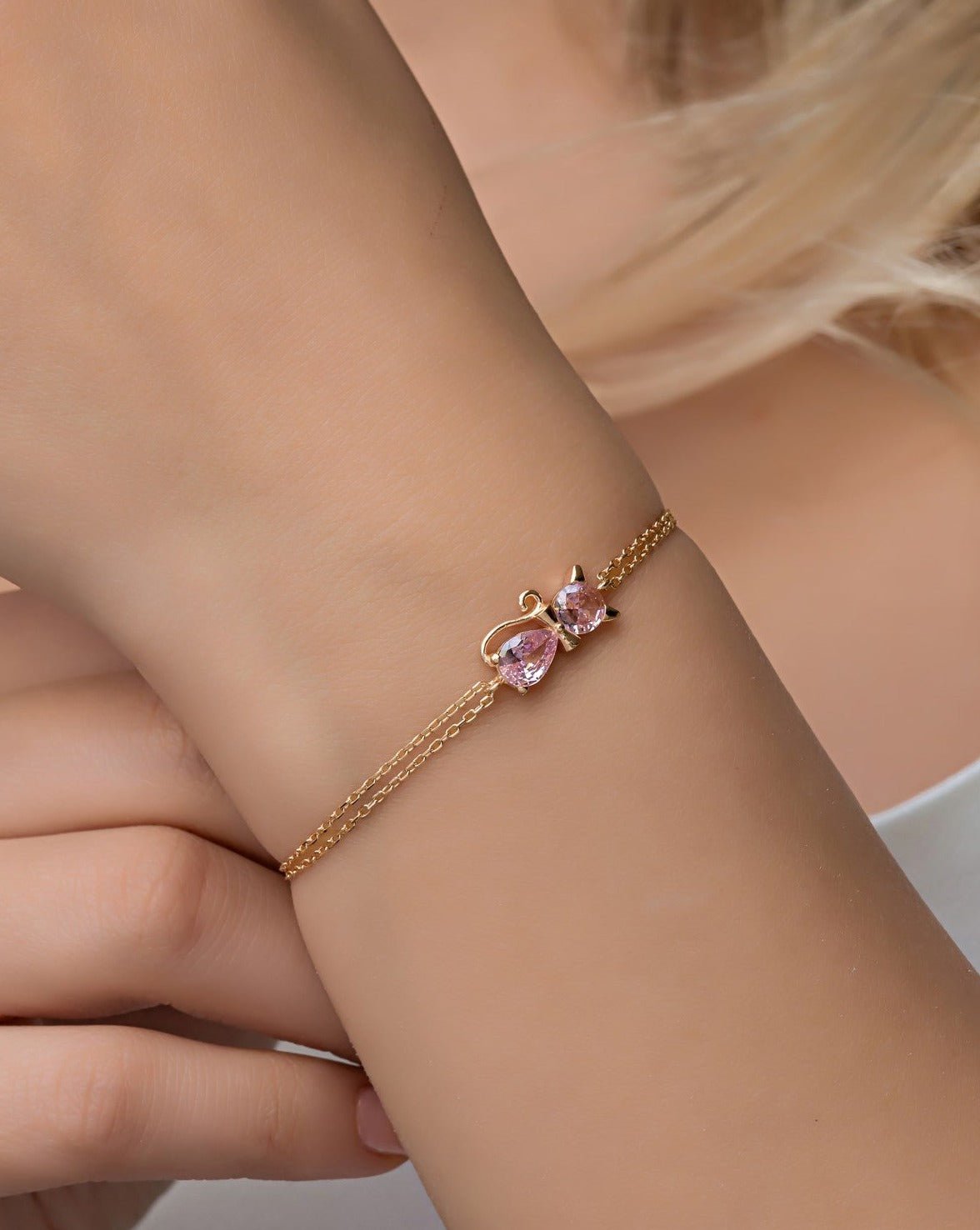 Pink Stone Cat Gold Plated Bracelet - ARTSY SILVER
