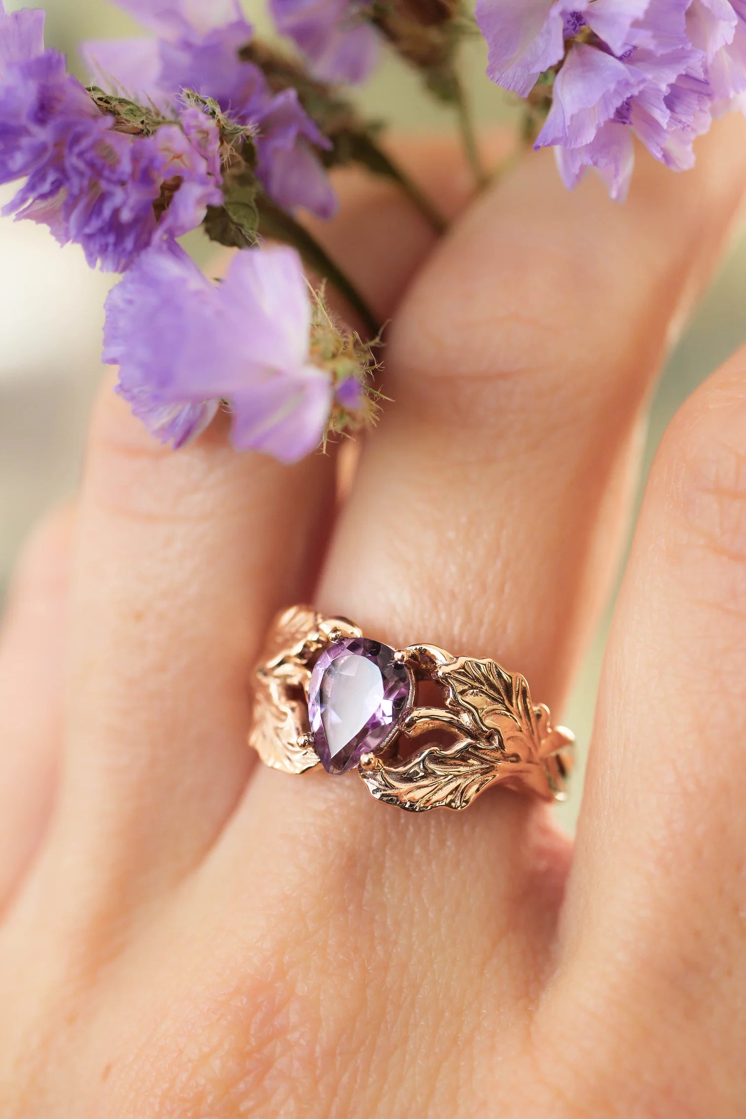 Amethyst Stone Pear Cut Leaf Ring - ARTSY SILVER