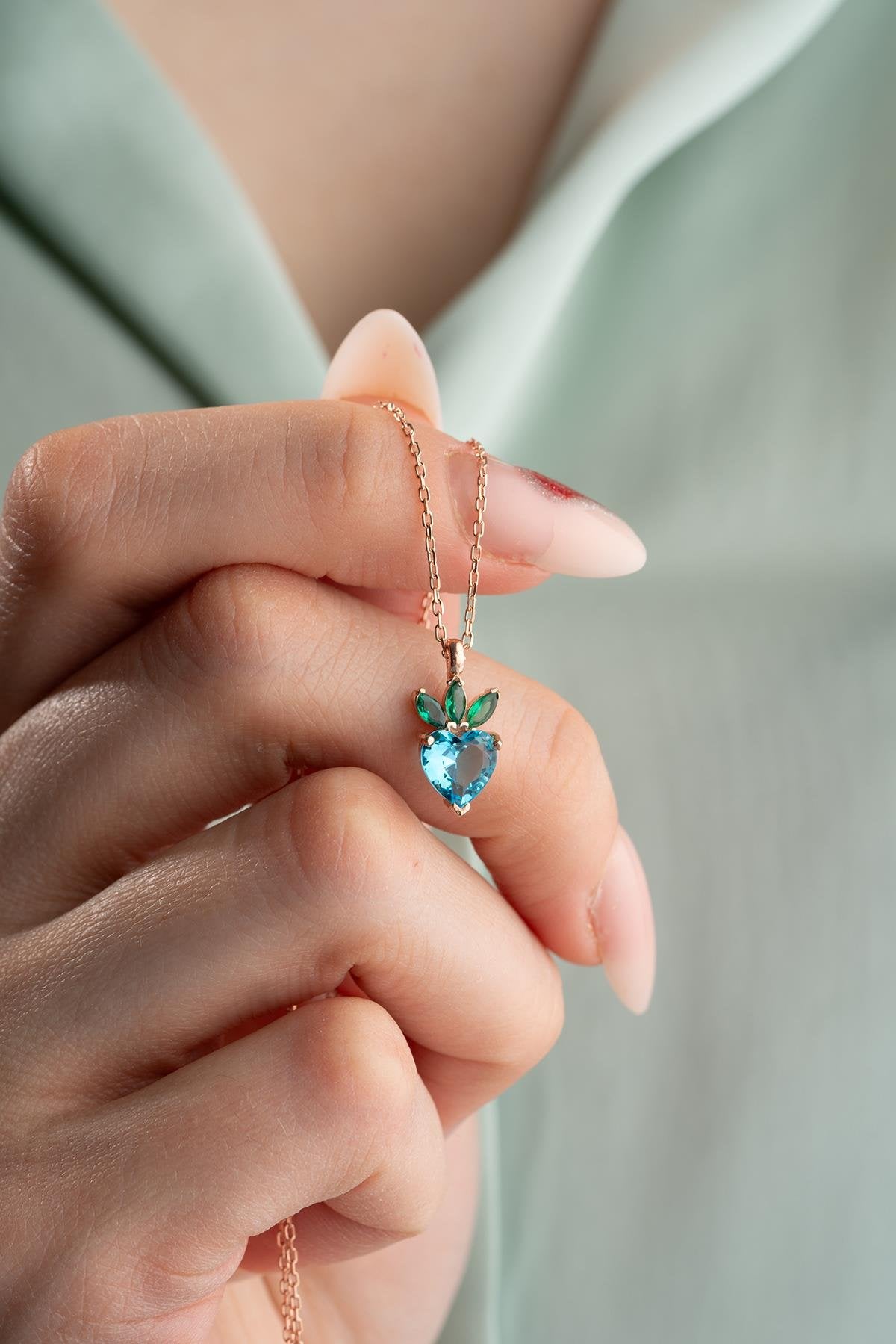 Aquamarine Heart strawberry Necklace - ARTSY SILVER