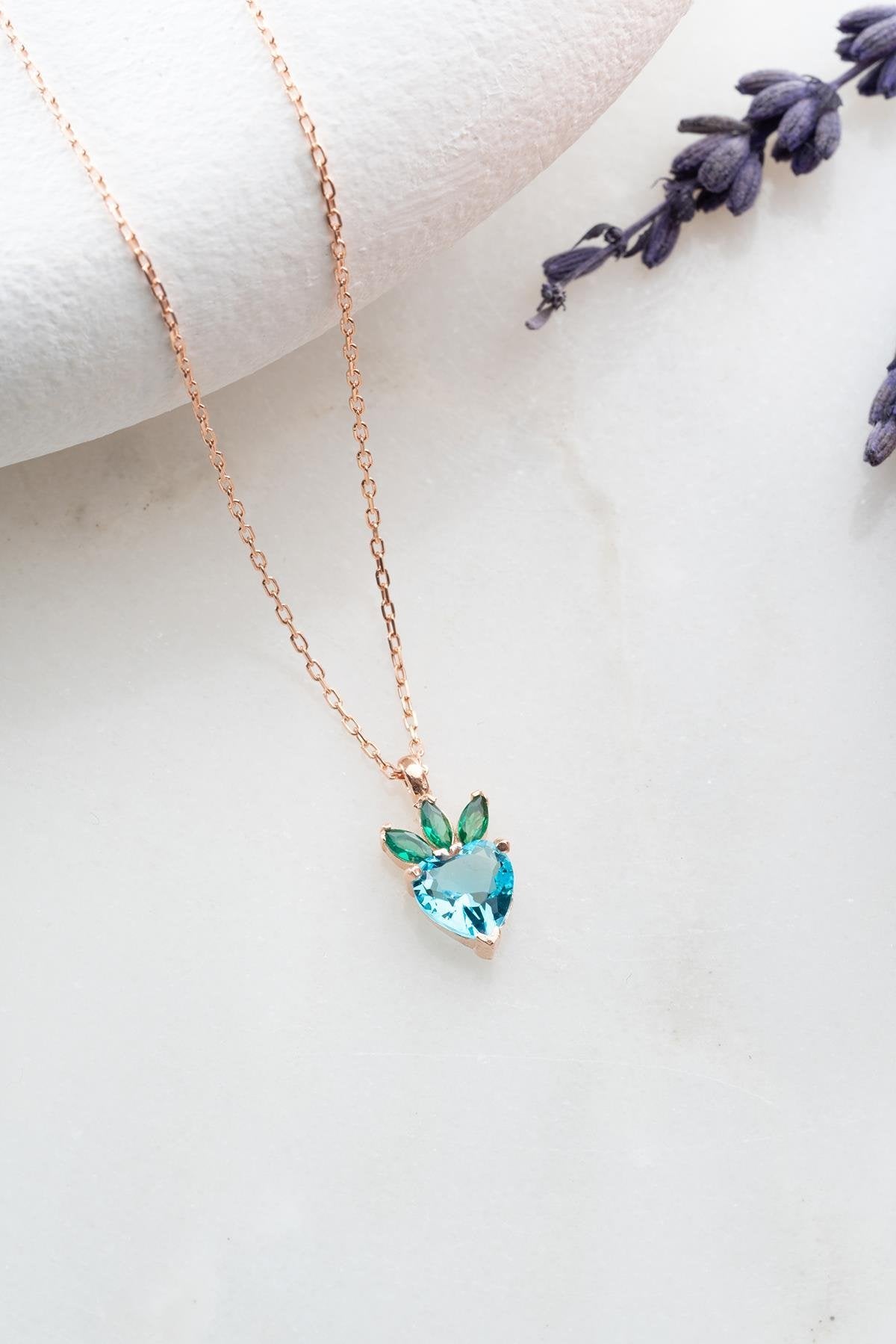 Aquamarine Heart strawberry Necklace - ARTSY SILVER