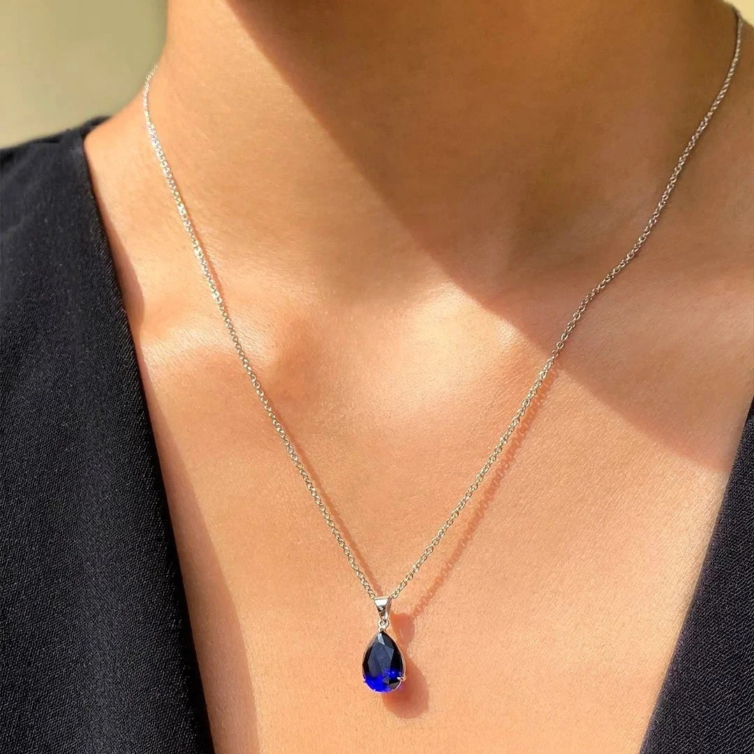 Pear Cut Blue Sapphire Charm Necklace - ARTSY SILVER
