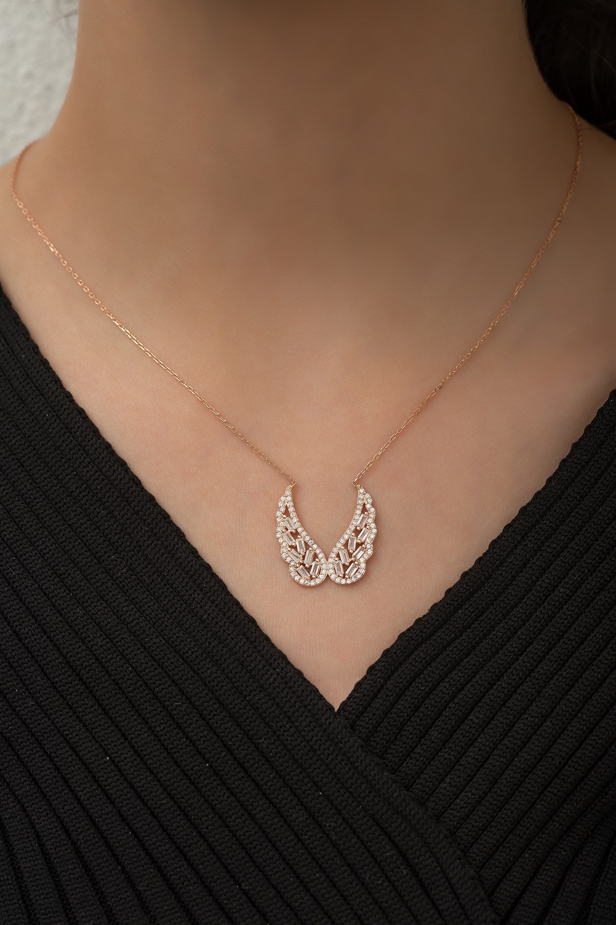 Baguette Stone Angel Wing Necklace - ARTSY SILVER
