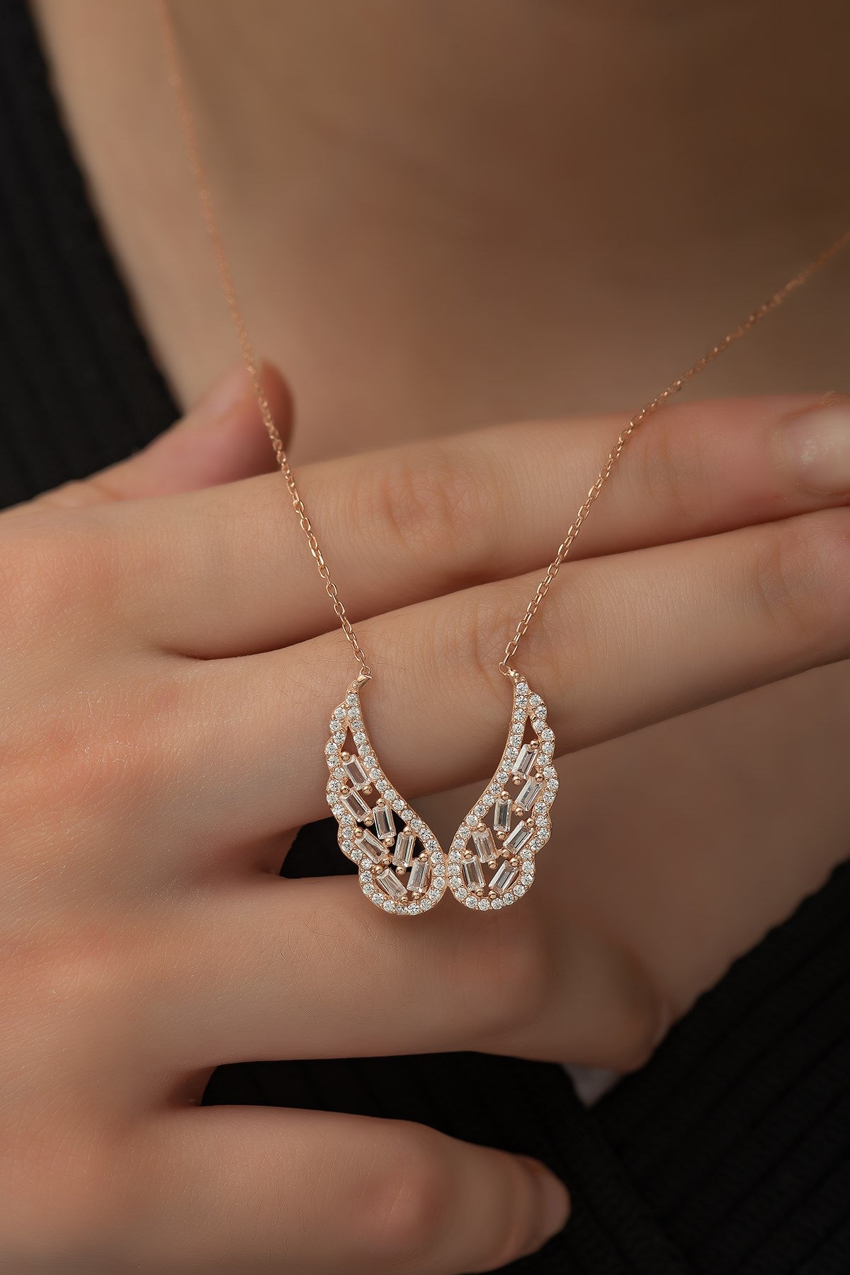 Baguette Stone Angel Wing Necklace - ARTSY SILVER