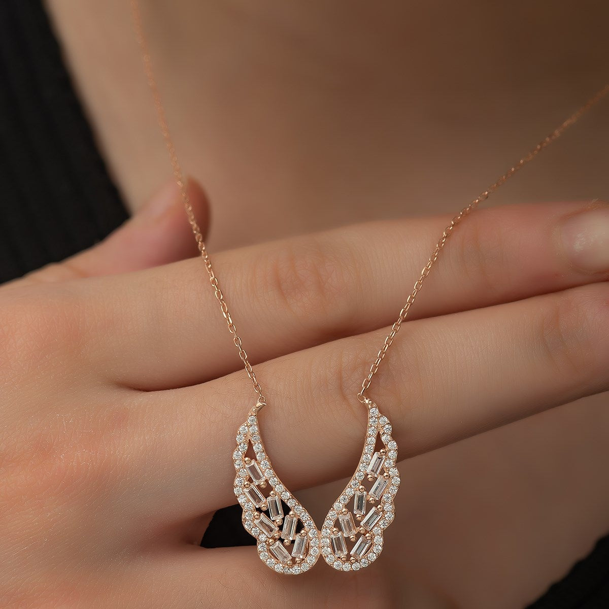 Baguette Stone Angel Wing Necklace - ARTSY SILVER