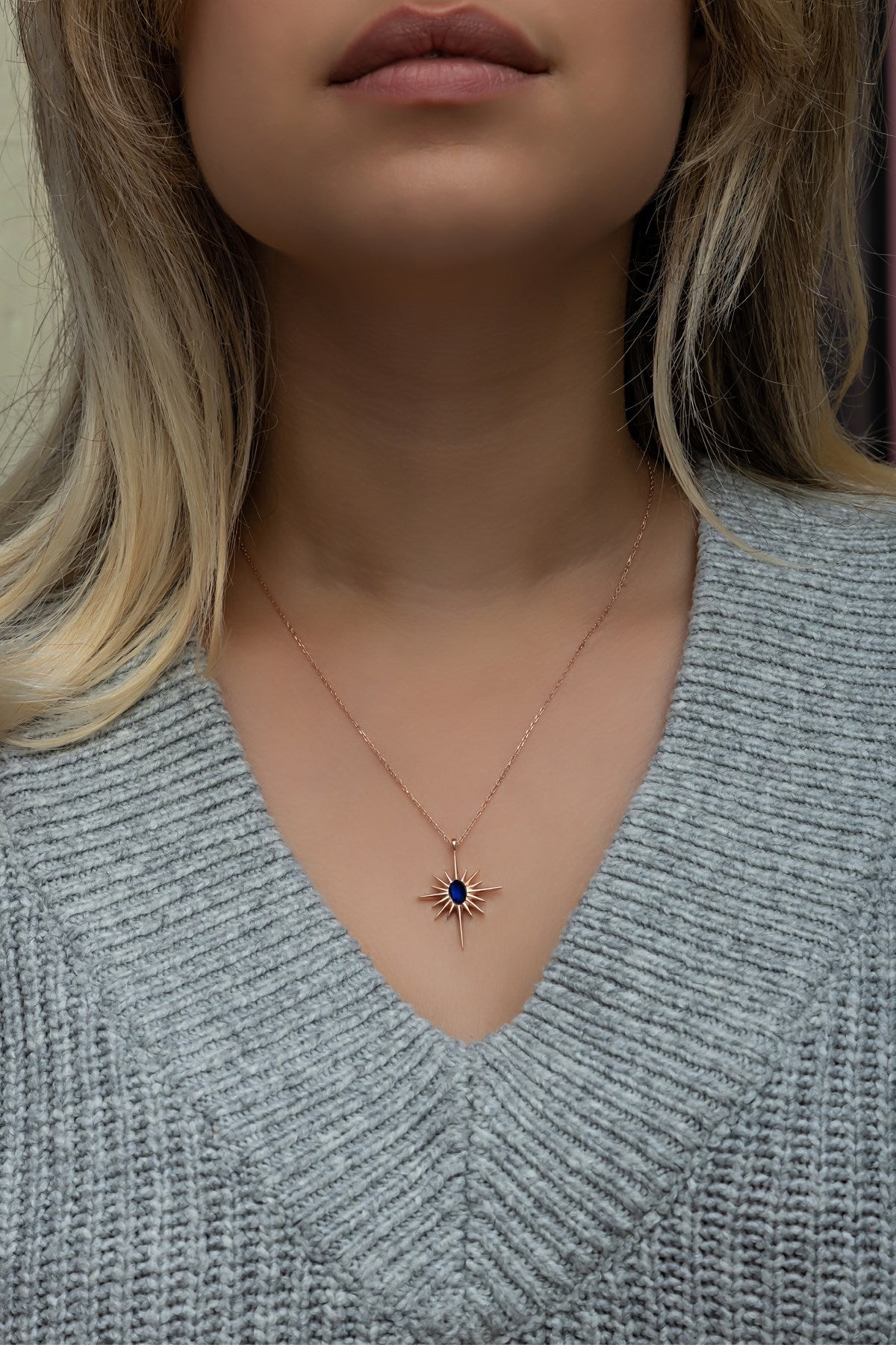 Blue Zircon Stone Pole Star Necklace