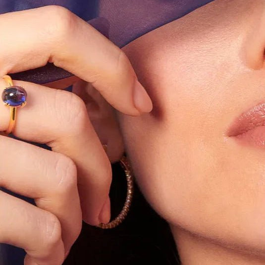 Glossy Cabochon Blue Promise Ring - ARTSY SILVER