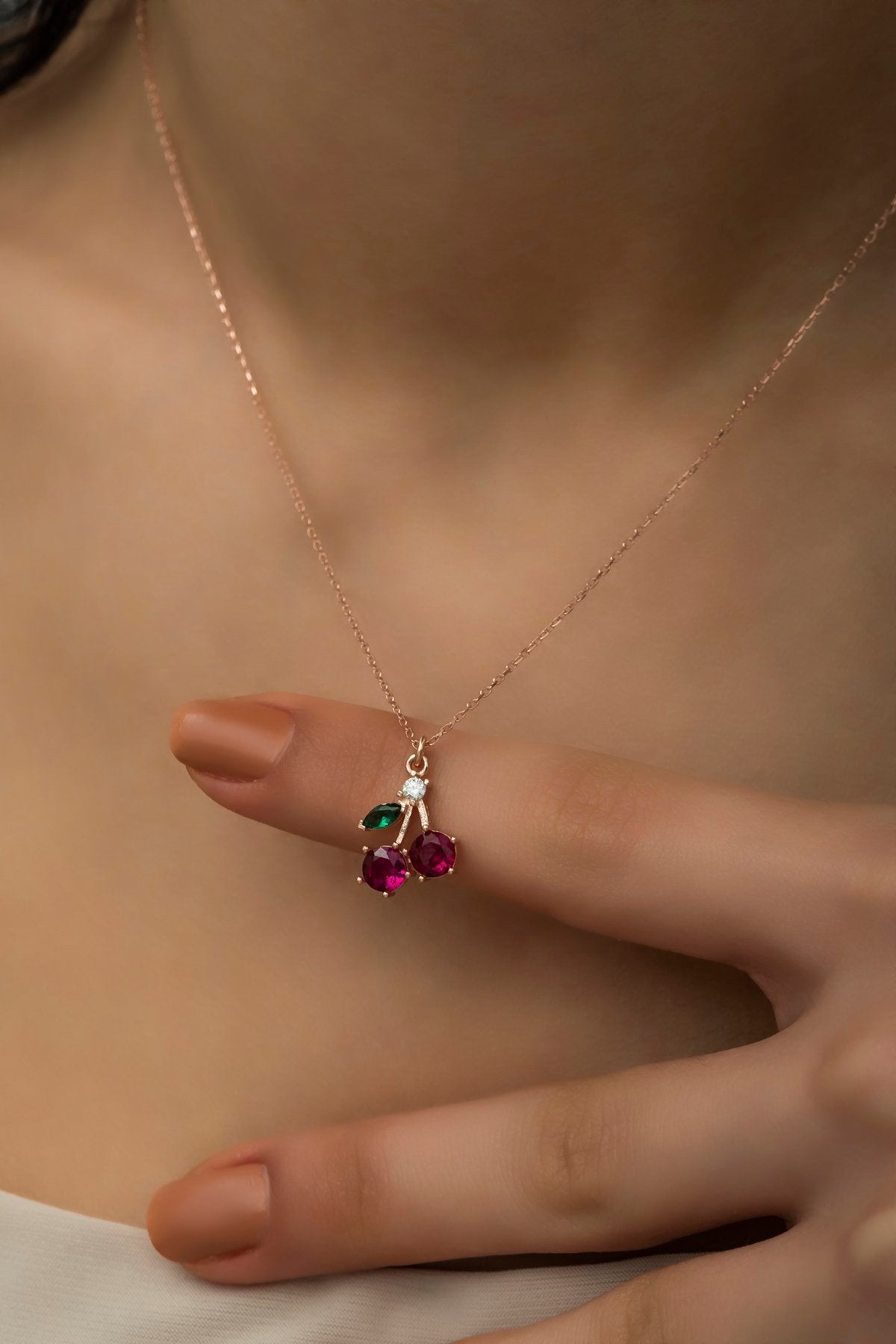 Cherry Rose Zircon Stone Necklace