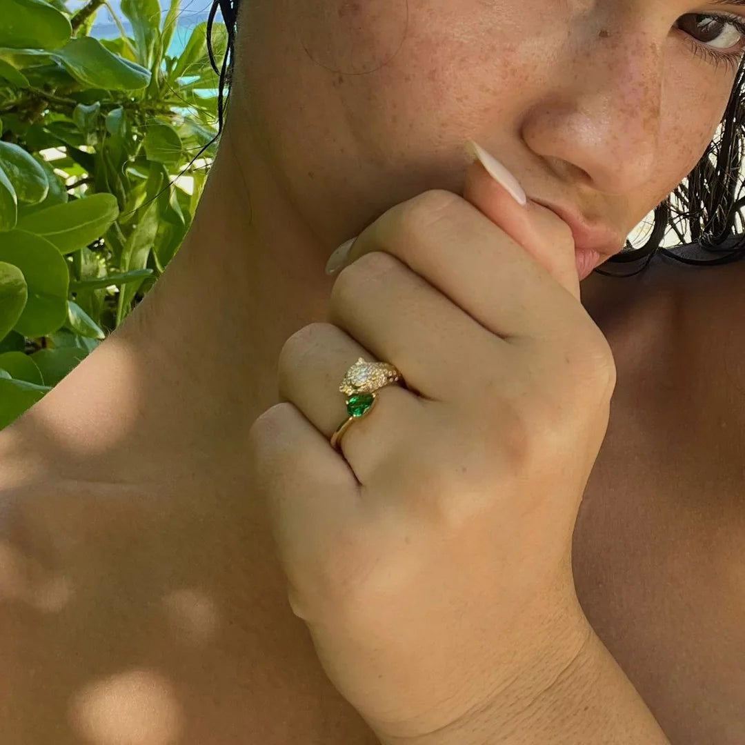 Emerald Stone Tiger Ring - ARTSY SILVER