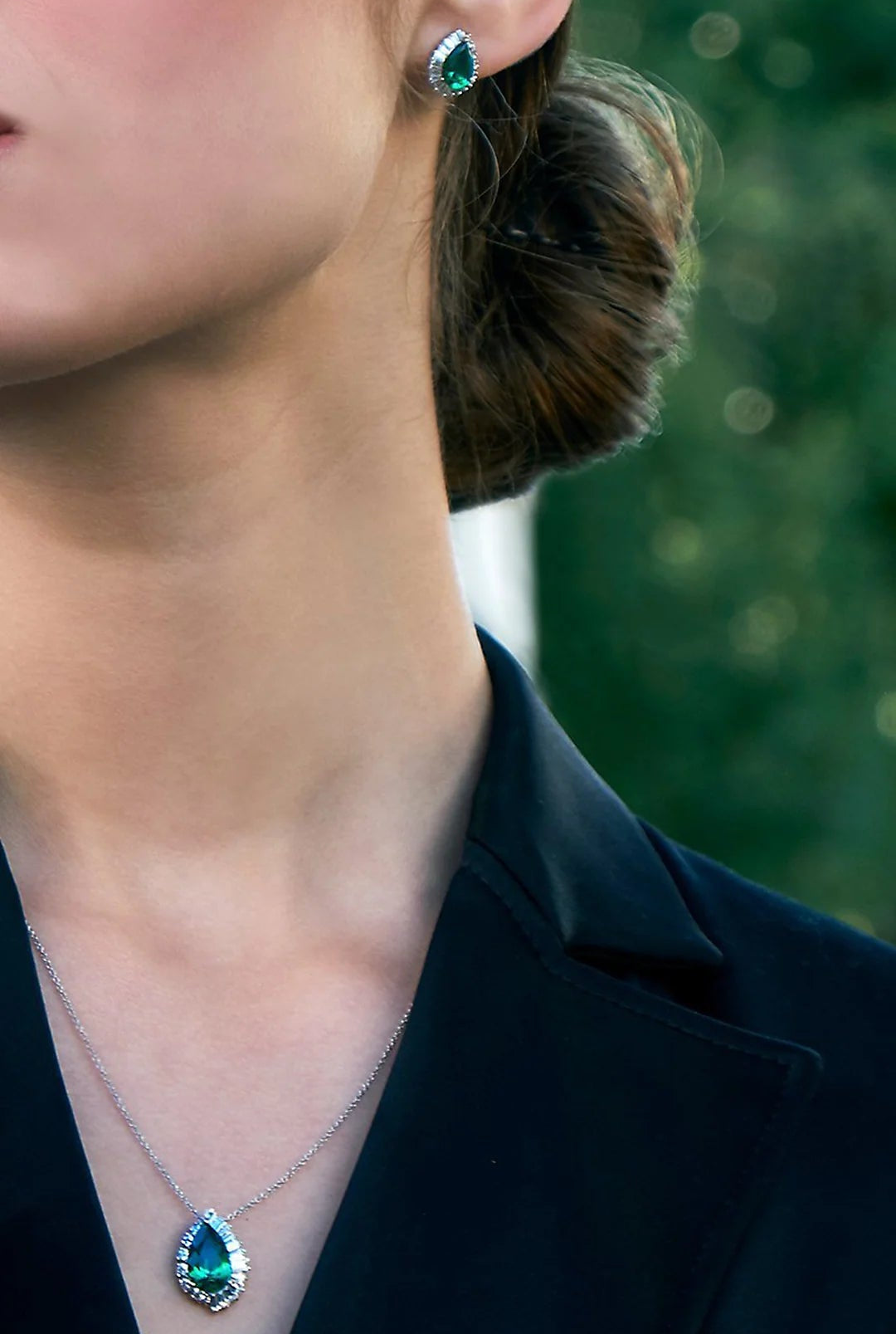 Emerald & Baguette Stones Necklace And Earrings Set - ARTSY SILVER