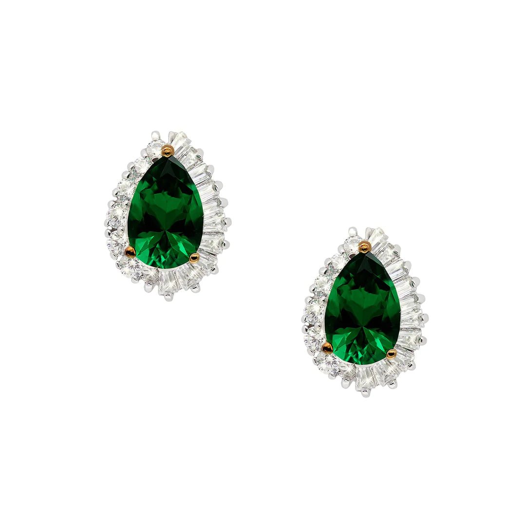 Emerald & Baguette Stones Pear Earrings - ARTSY SILVER