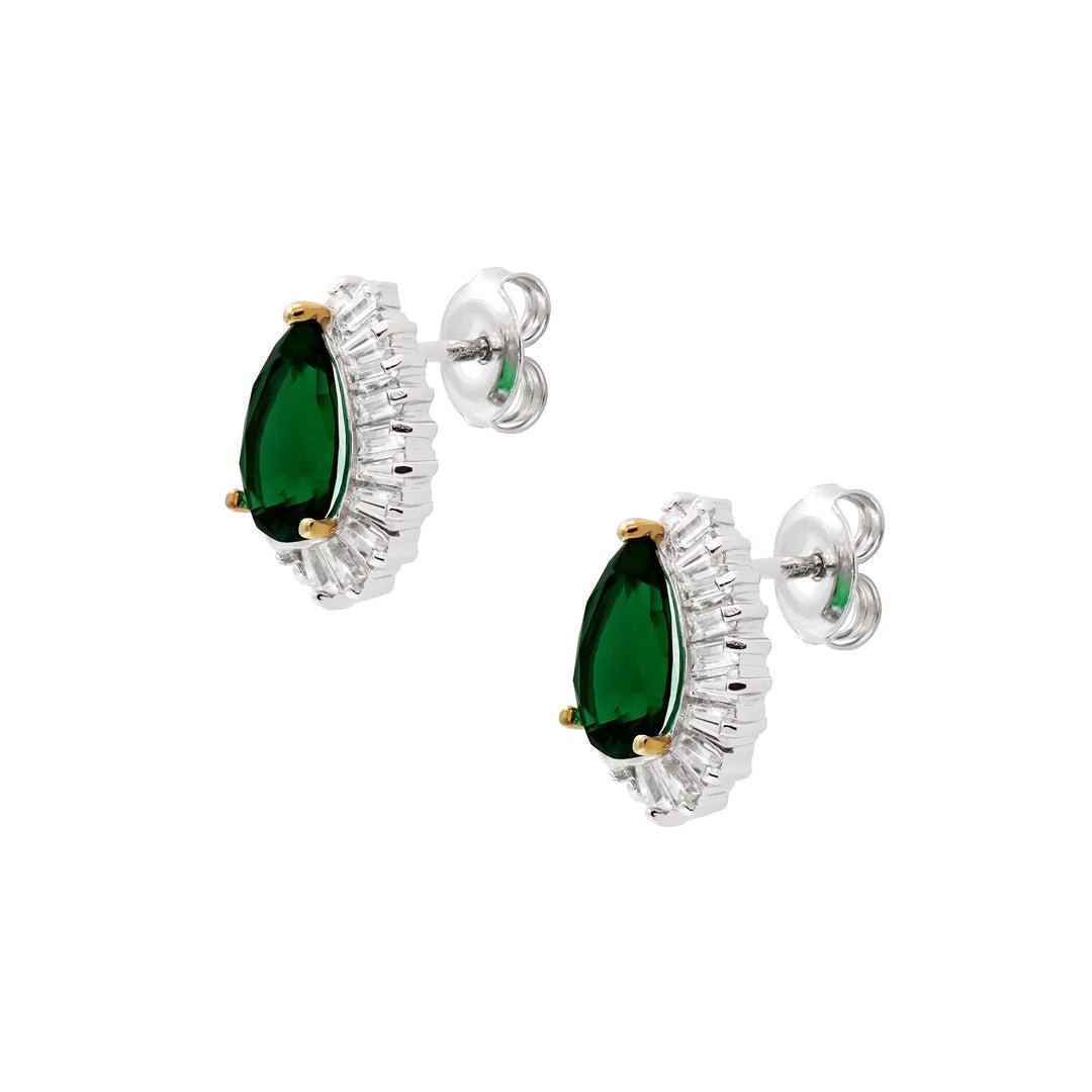 Emerald & Baguette Stones Pear Earrings - ARTSY SILVER