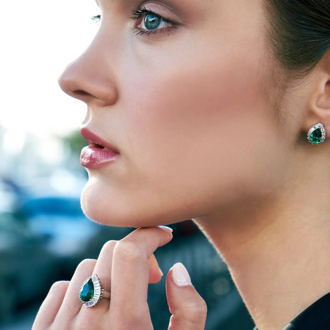 Emerald & Baguette Stones Pear Earrings - ARTSY SILVER