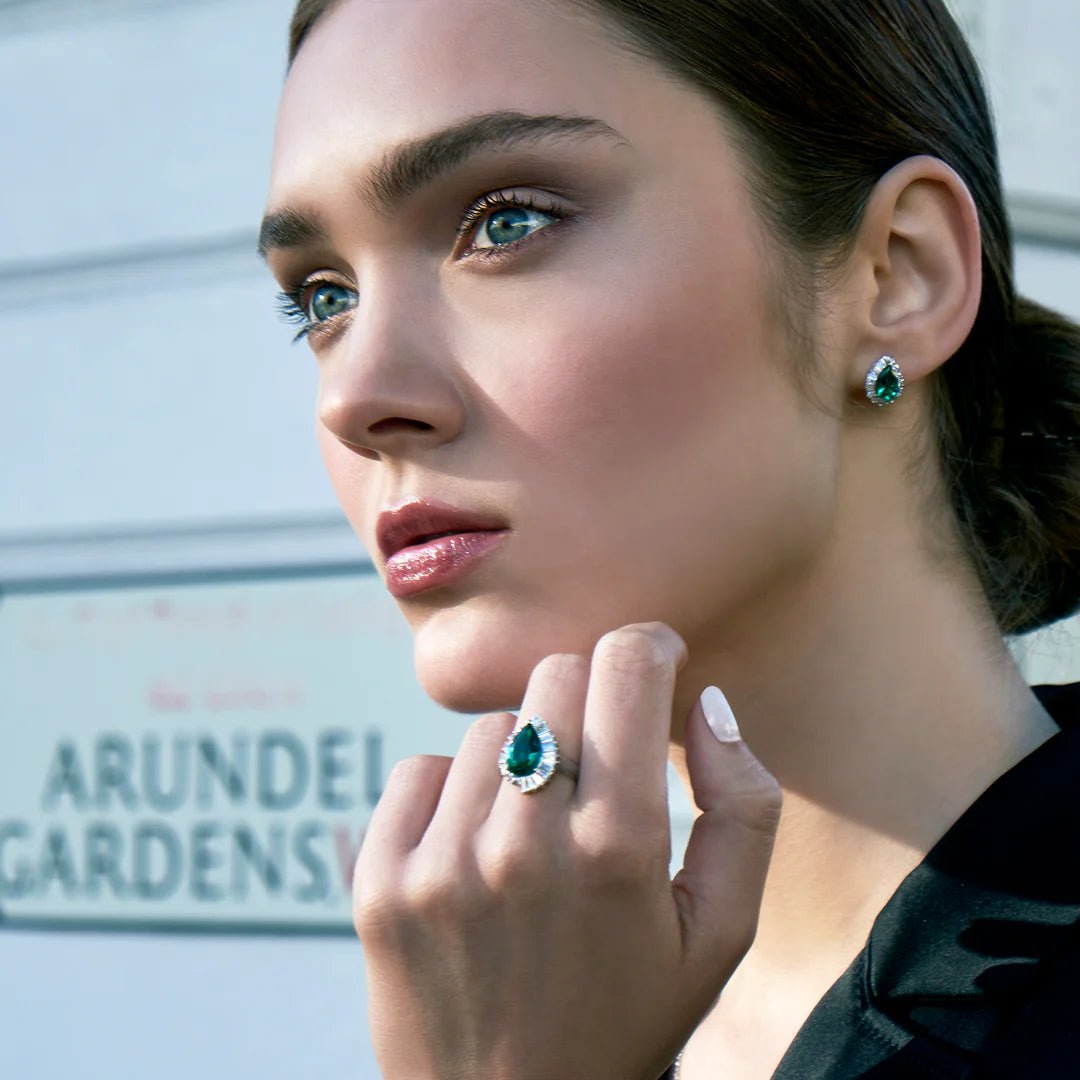 Emerald & Baguette Stones Pear Earrings - ARTSY SILVER