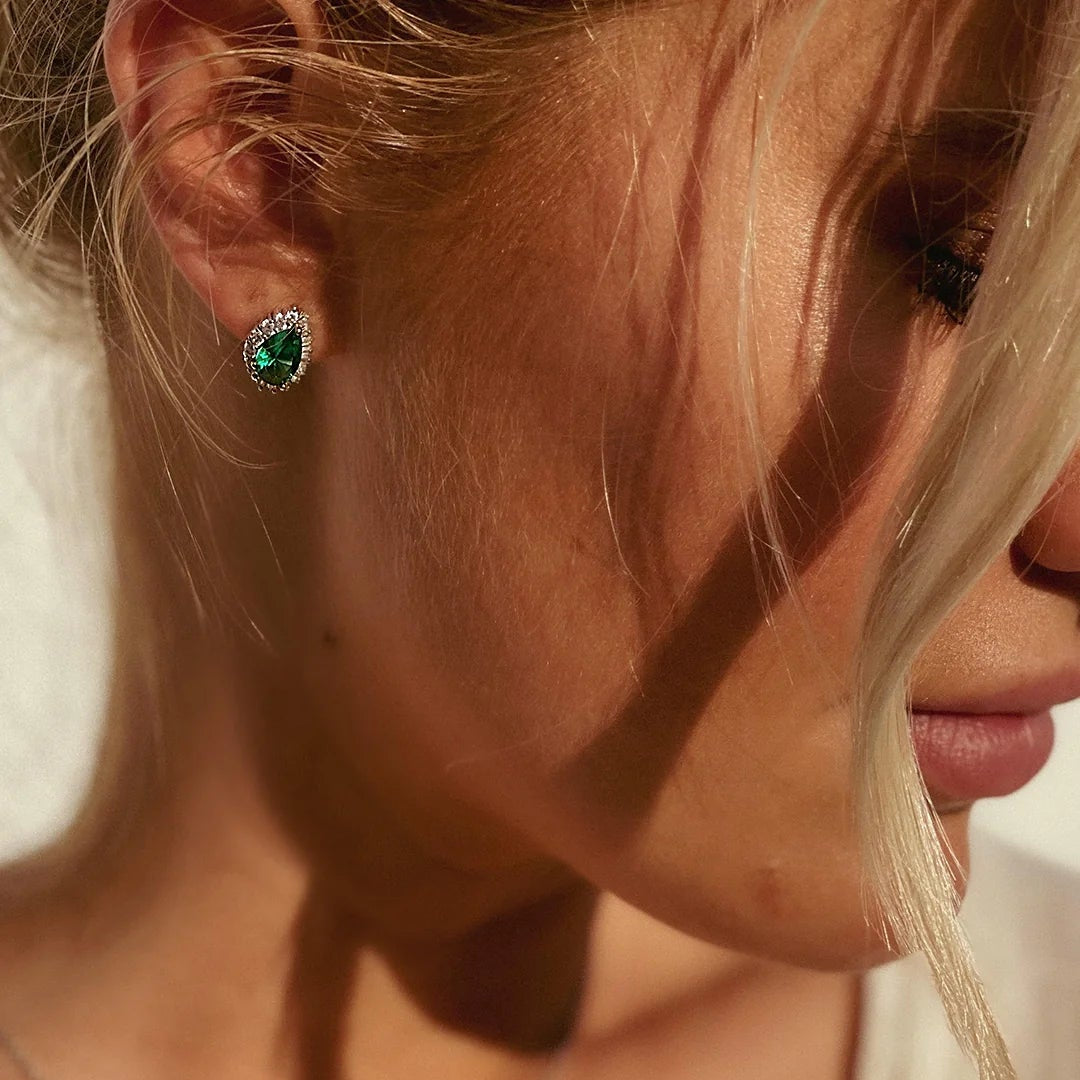 Emerald & Baguette Stones Pear Earrings - ARTSY SILVER