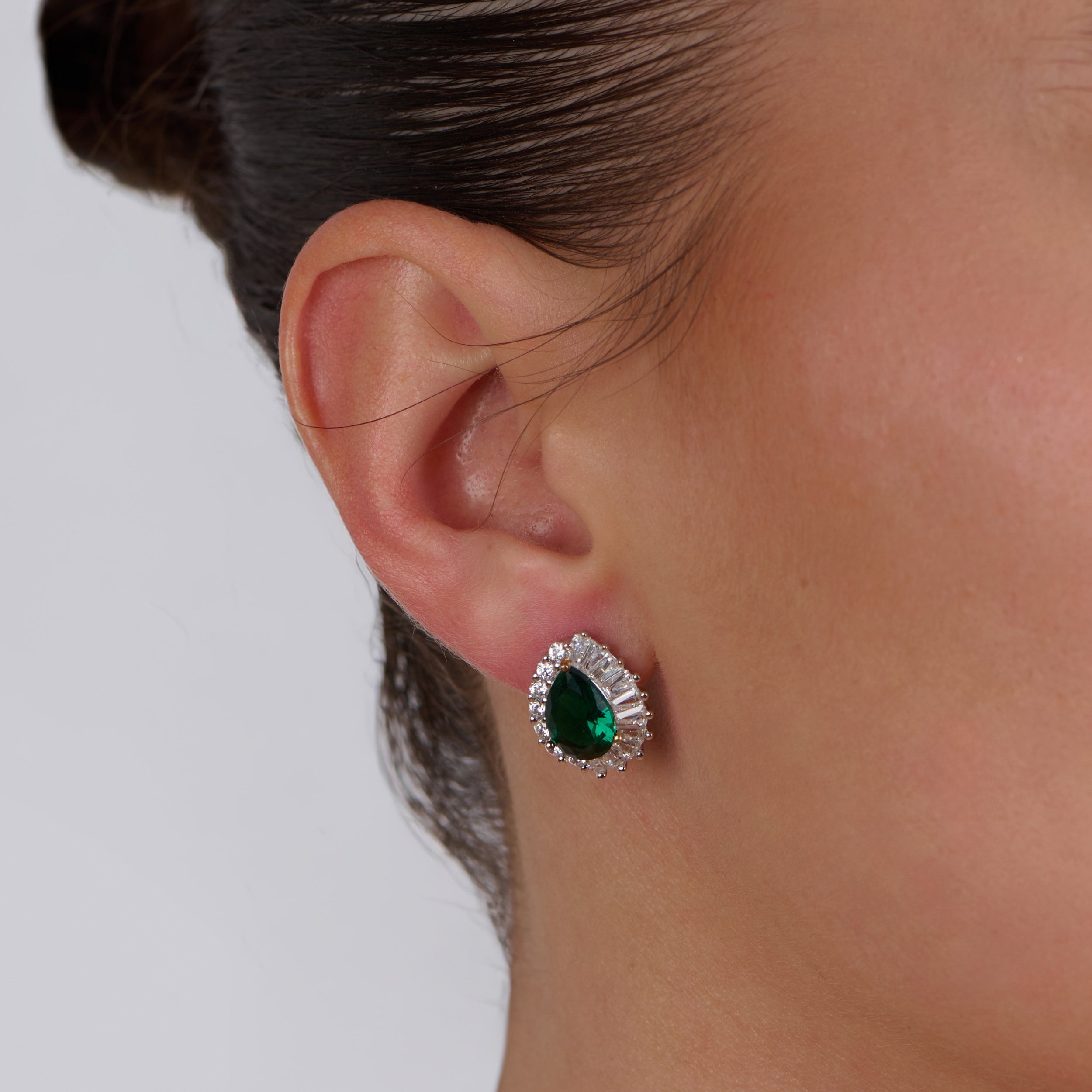 Emerald & Baguette Stones Pear Earrings