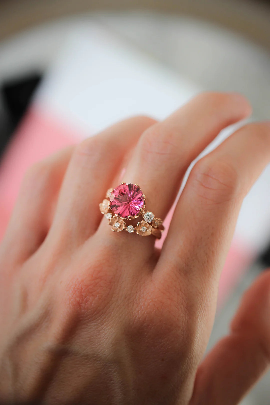 Floral Pink Stone 2 Set Ring