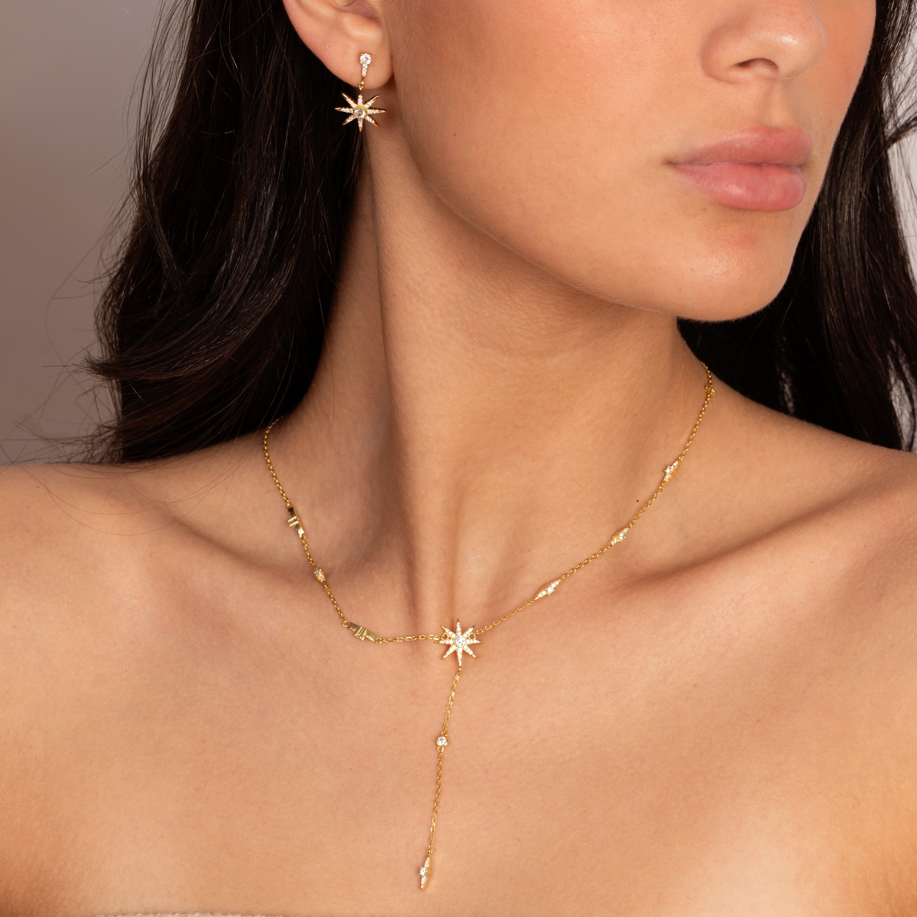 Golden Star Lariat Necklace And Earrings Set