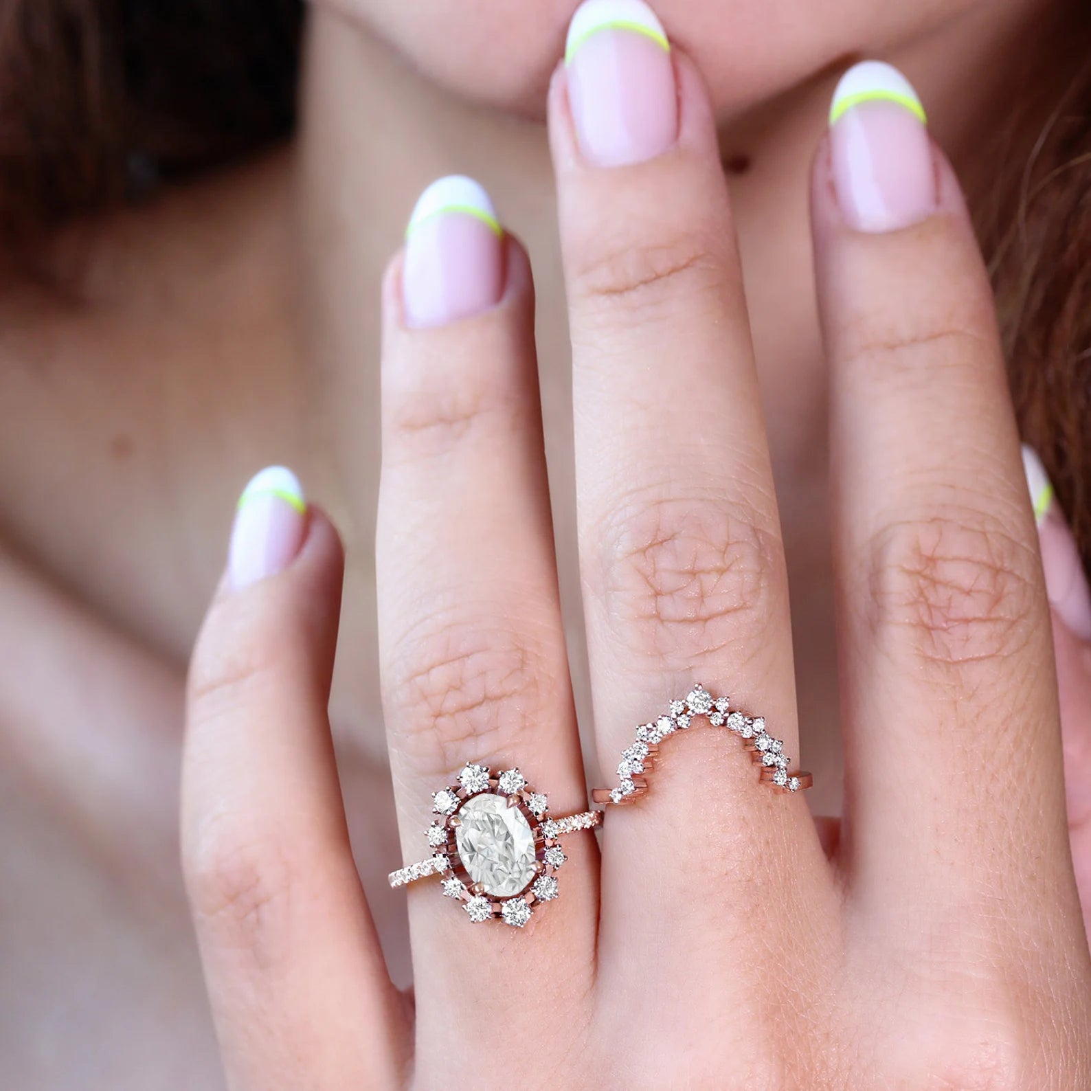 Halo Oval Cut Zircon Stone 2 Set Ring