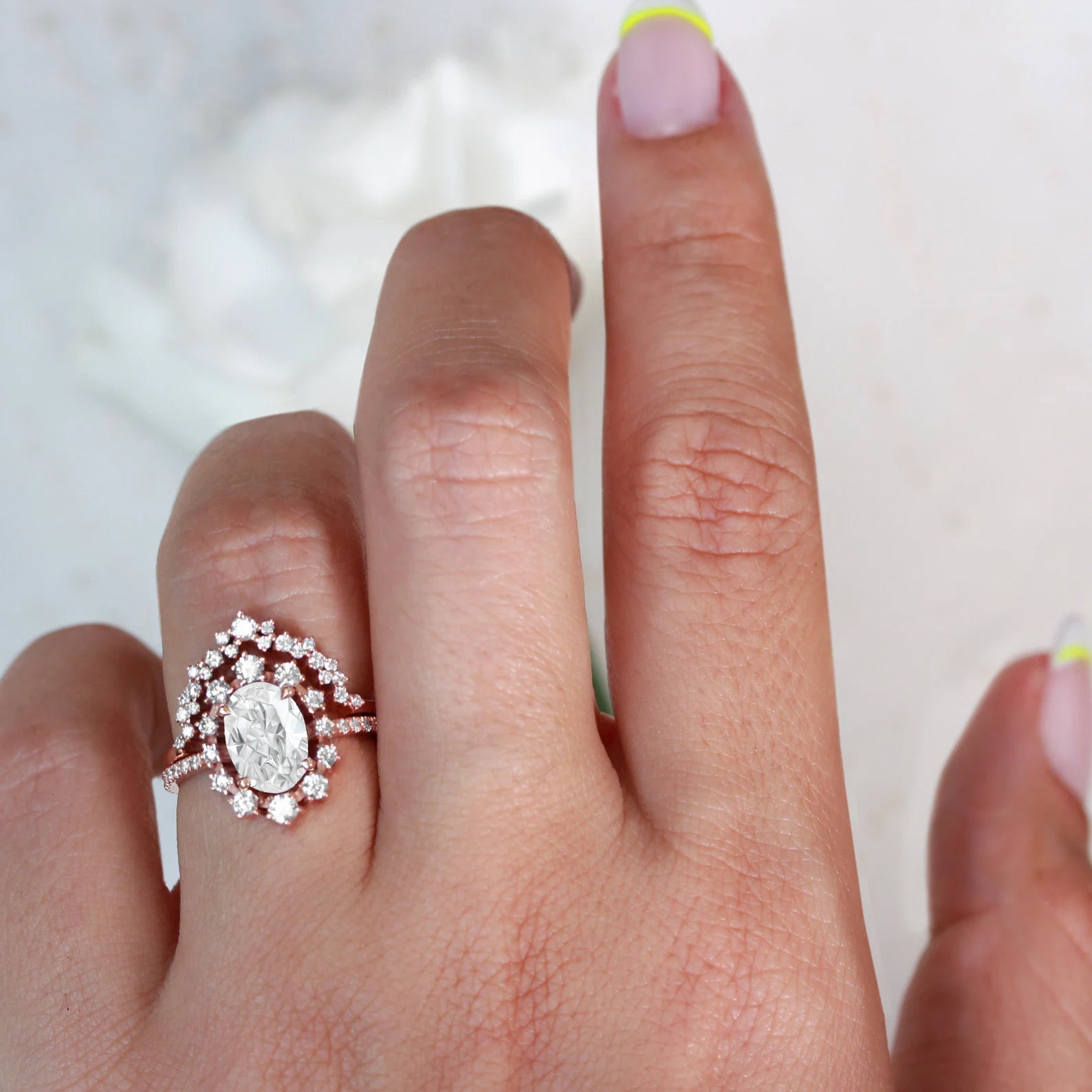 Halo Oval Cut Zircon Stone 2 Set Ring