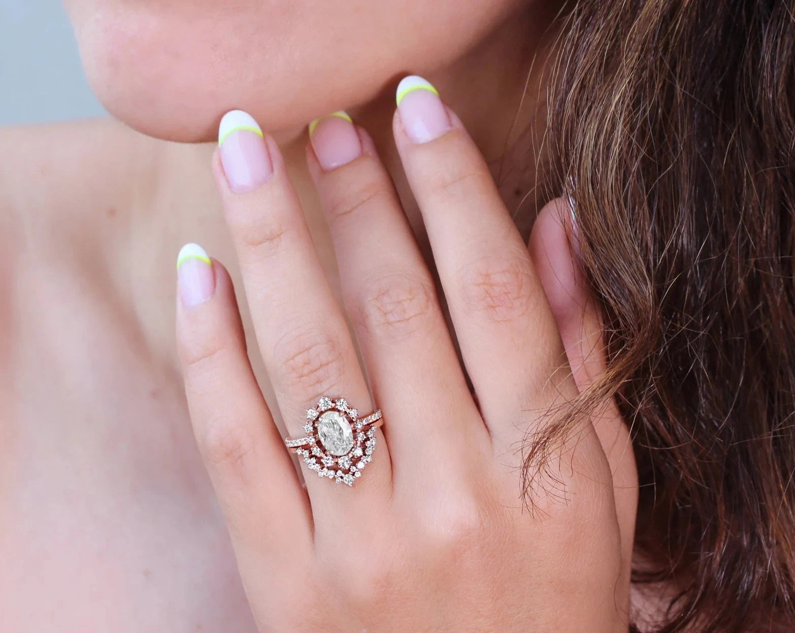 Halo Oval Cut Zircon Stone 2 Set Ring