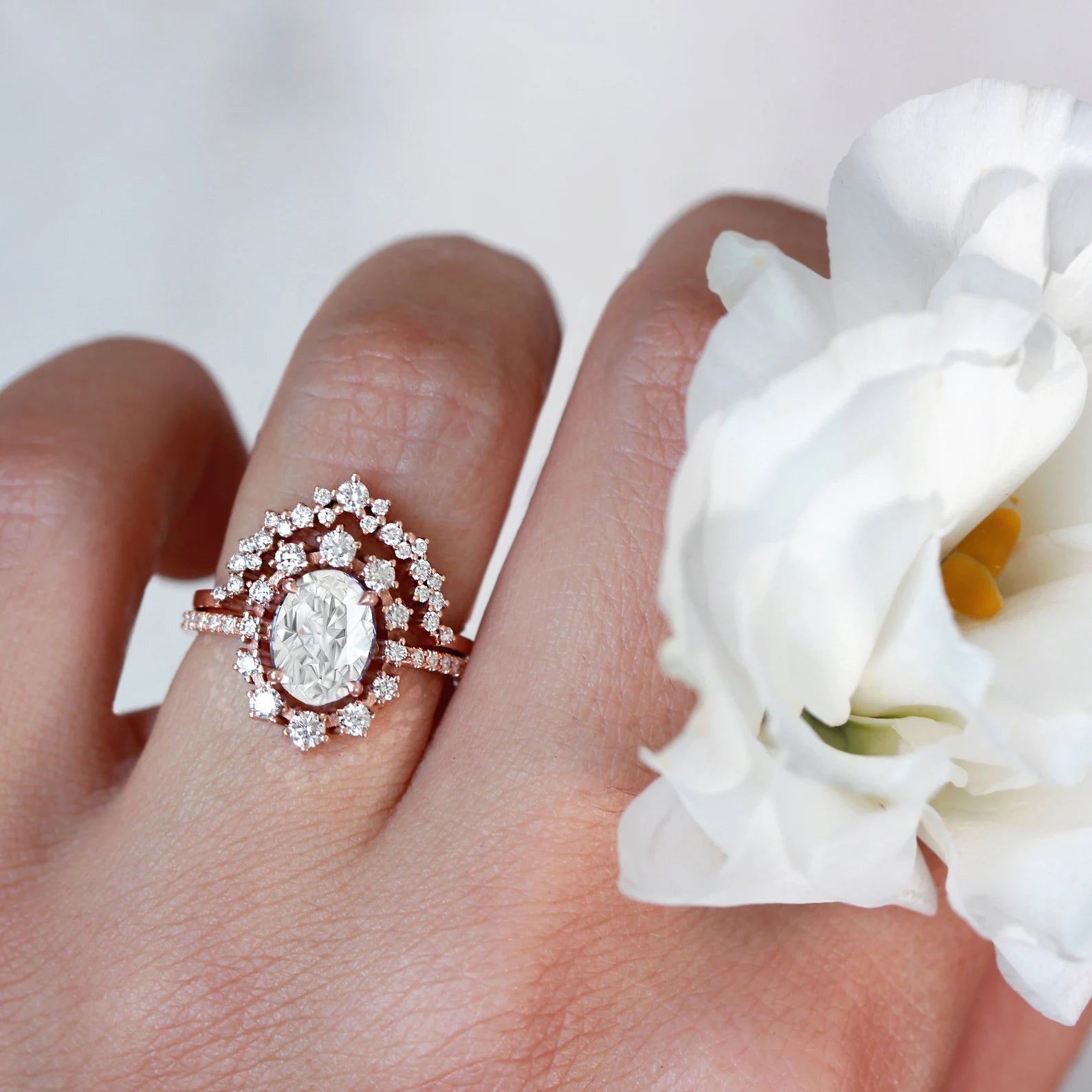 Halo Oval Cut Zircon Stone 2 Set Ring