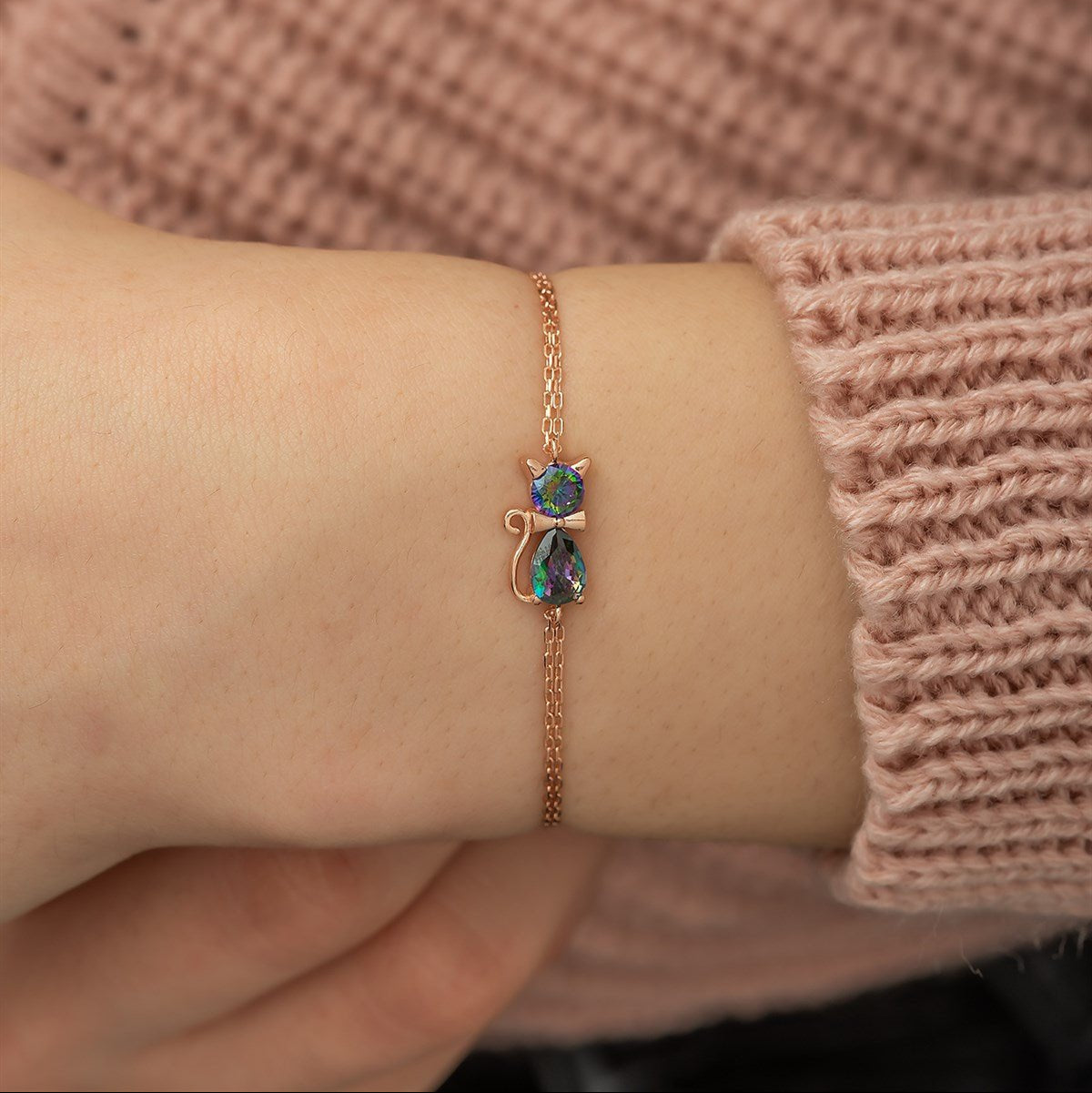 Mystic Topaz Stone Cat Bracelet - ARTSY SILVER