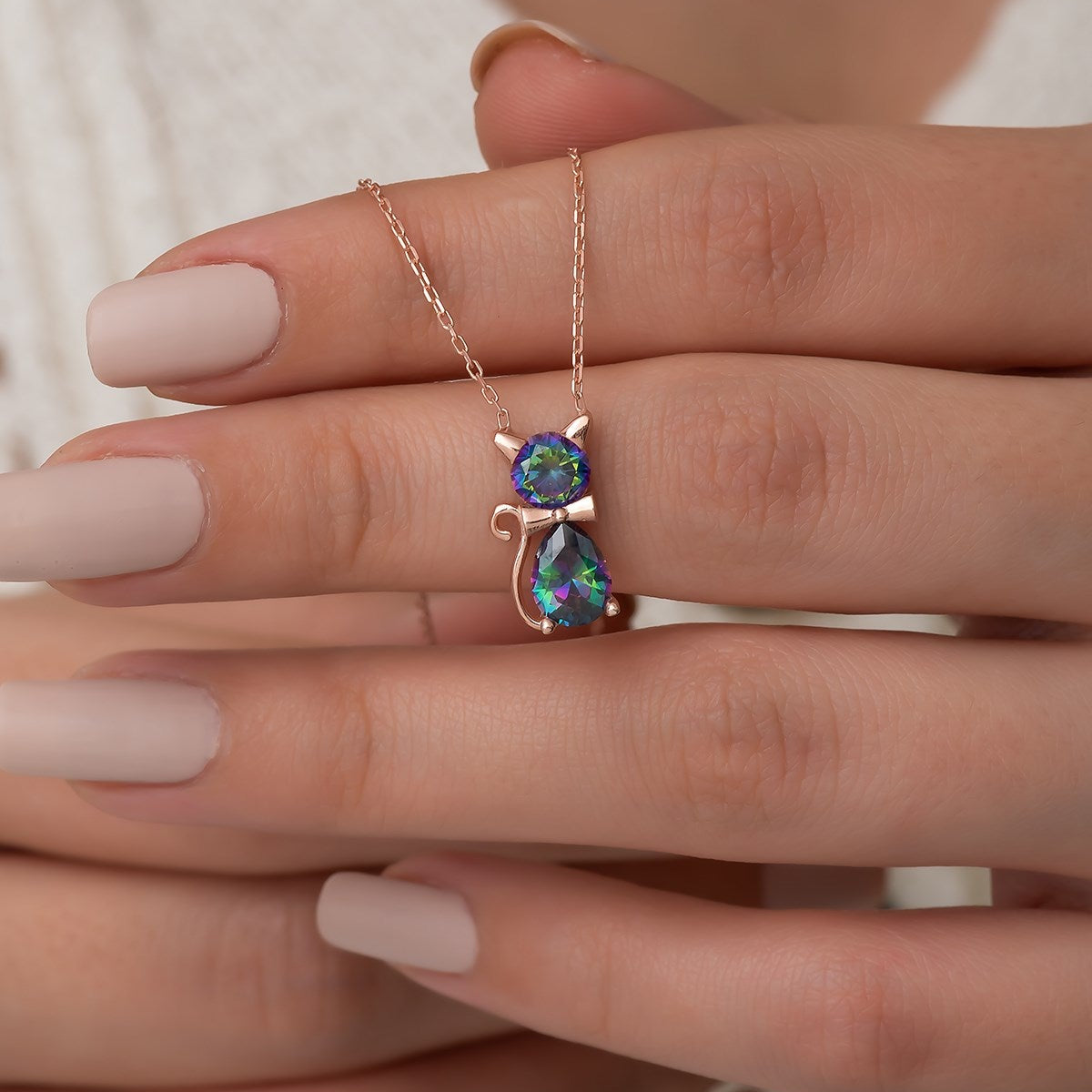 Mystic Topaz Stone Cat Necklace - ARTSY SILVER