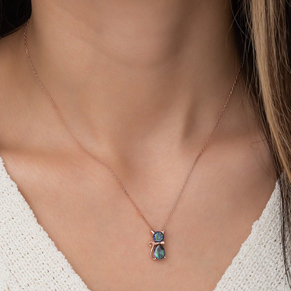 Mystic Topaz Stone Cat Necklace - ARTSY SILVER