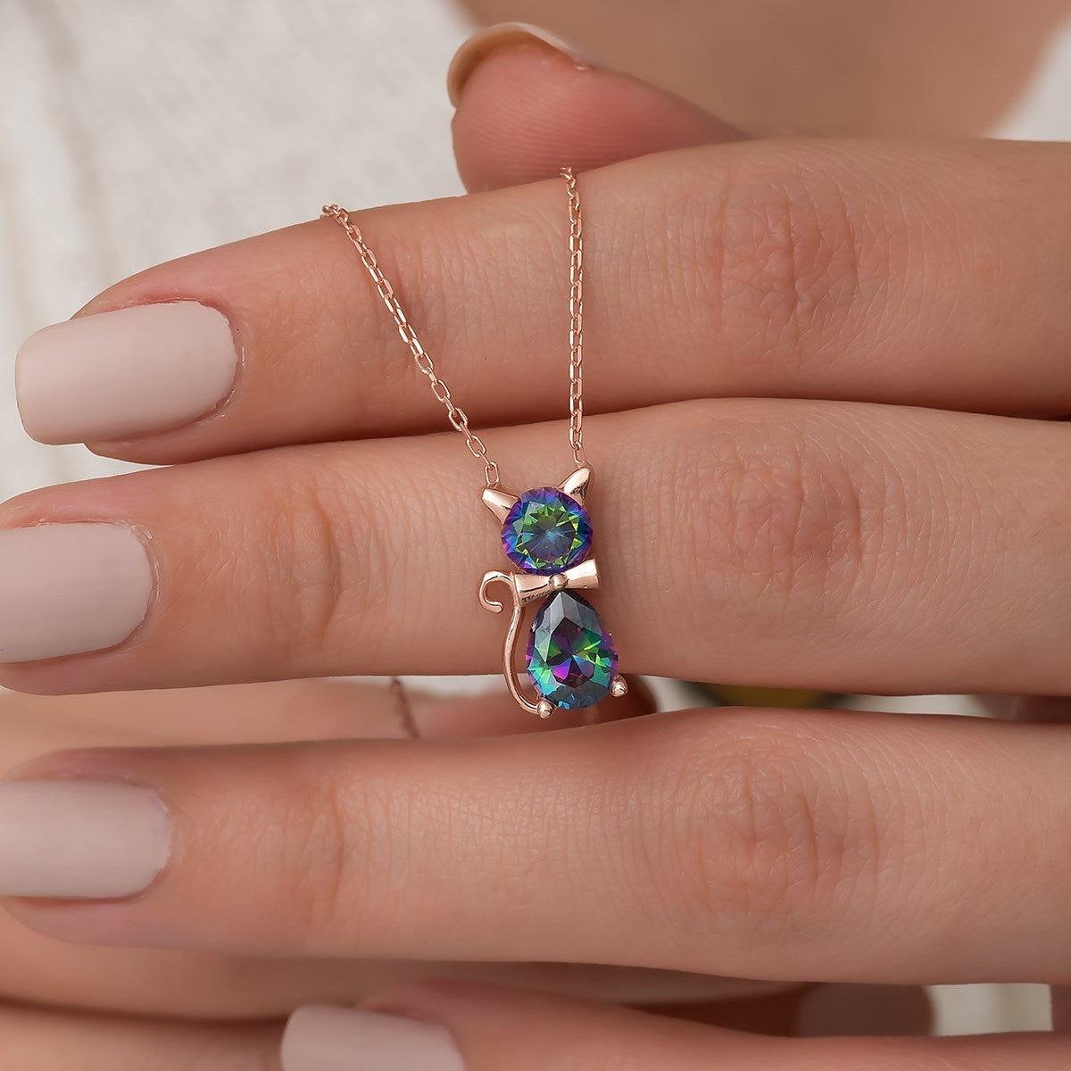 Mystic Topaz Stone Cat Necklace - ARTSY SILVER