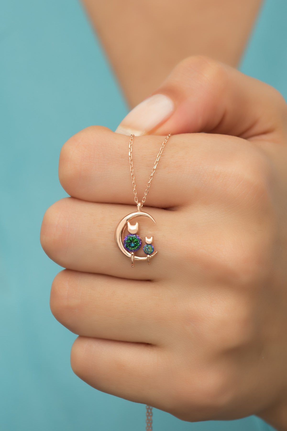 Mystic Topaz Stone Moon Cat Necklace