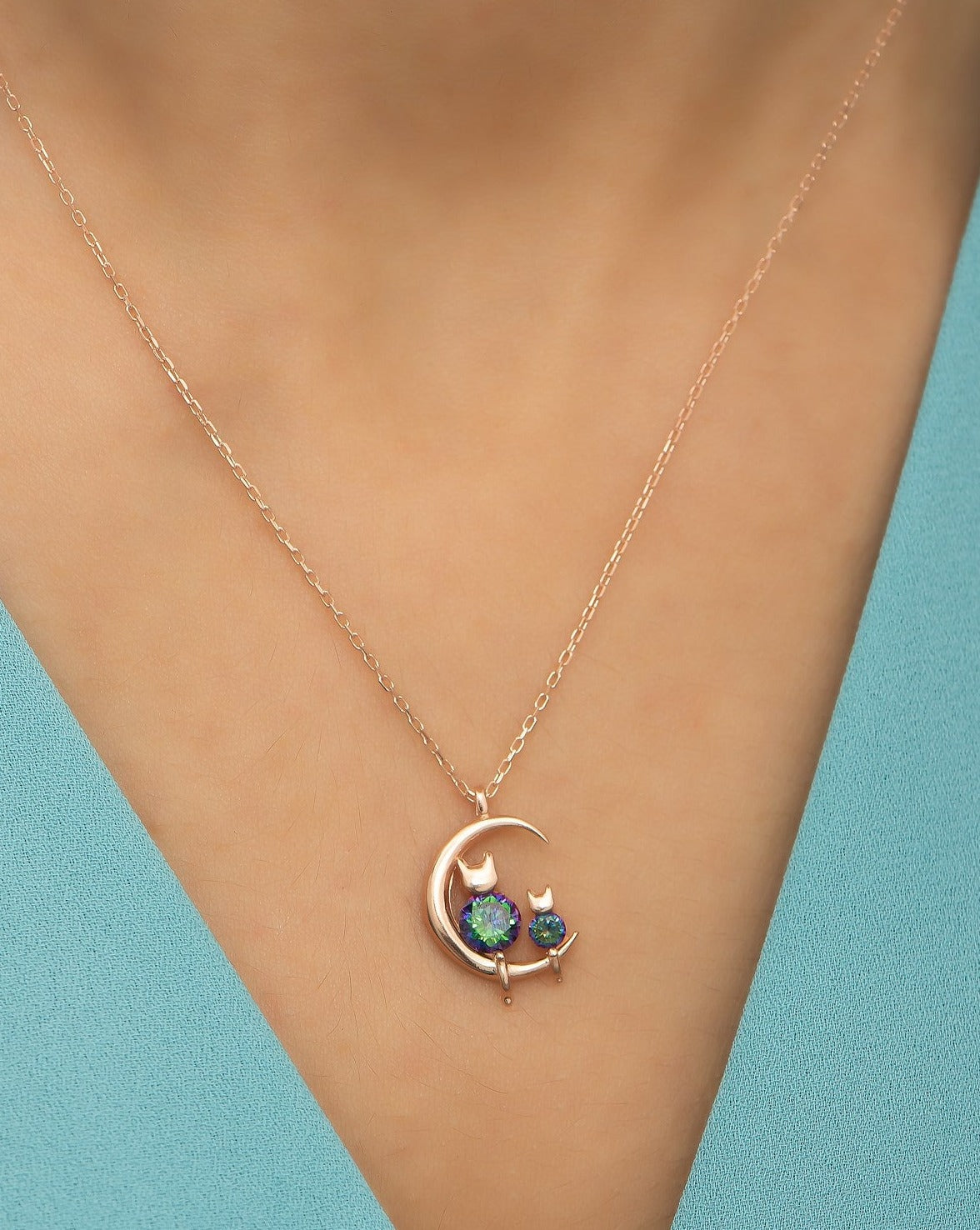 Mystic Topaz Stone Moon Cat Necklace