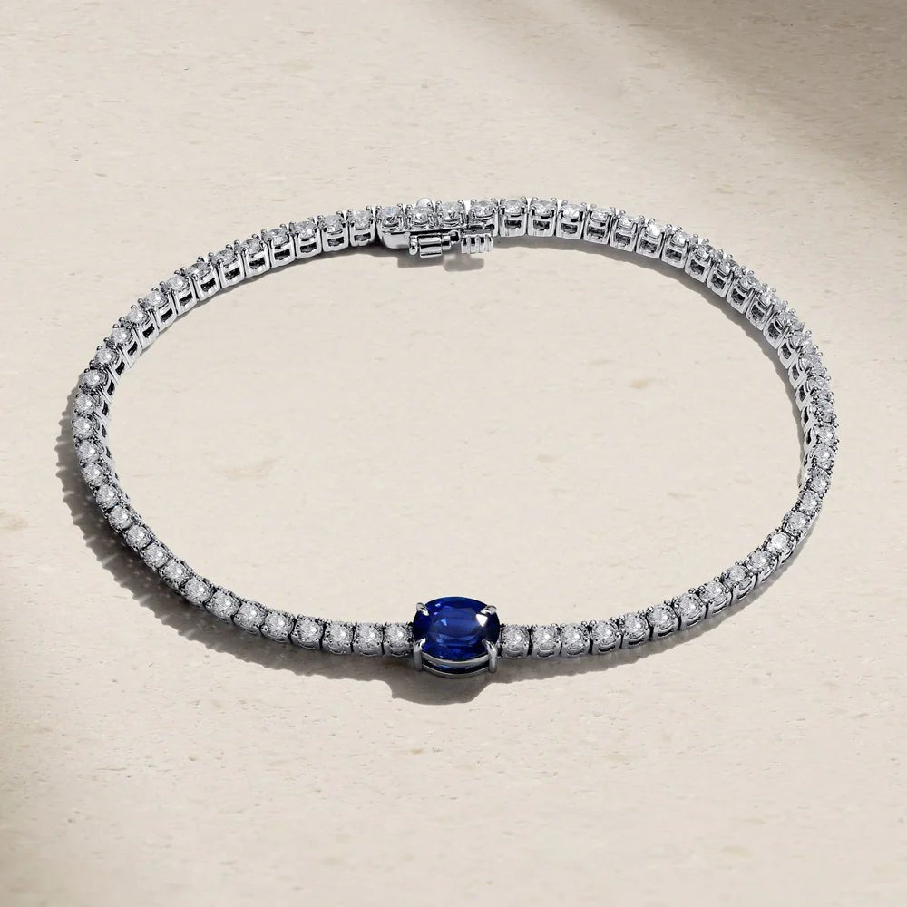 Oval Blue Sapphire and Zircon Tennis Bracelet - ARTSY SILVER