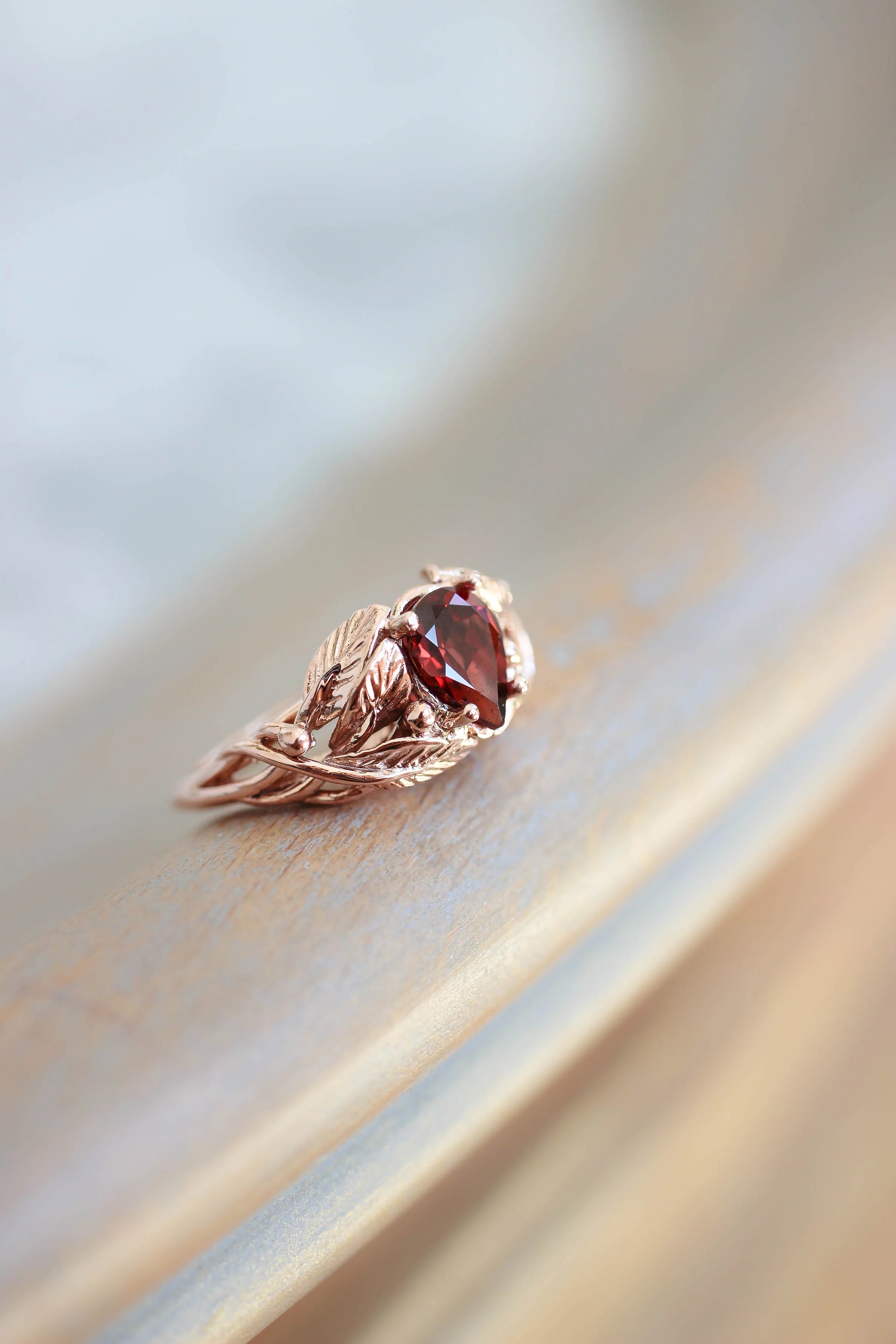 Red garnet leaves ring