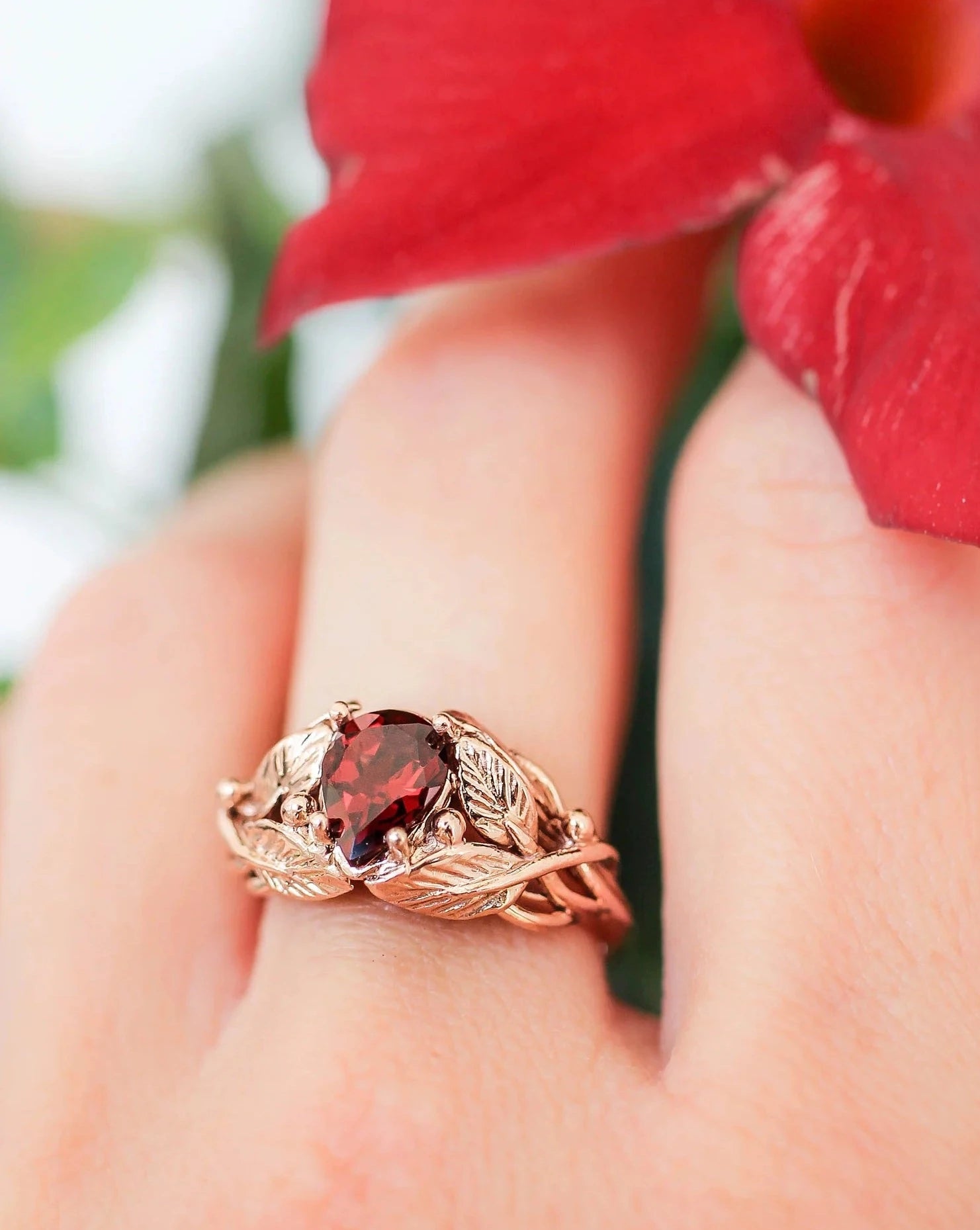 Red garnet leaves ring