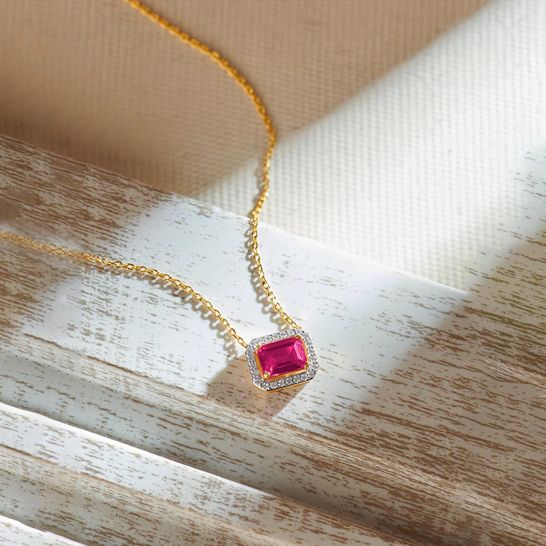 Gold Plated Ruby Halo Necklace