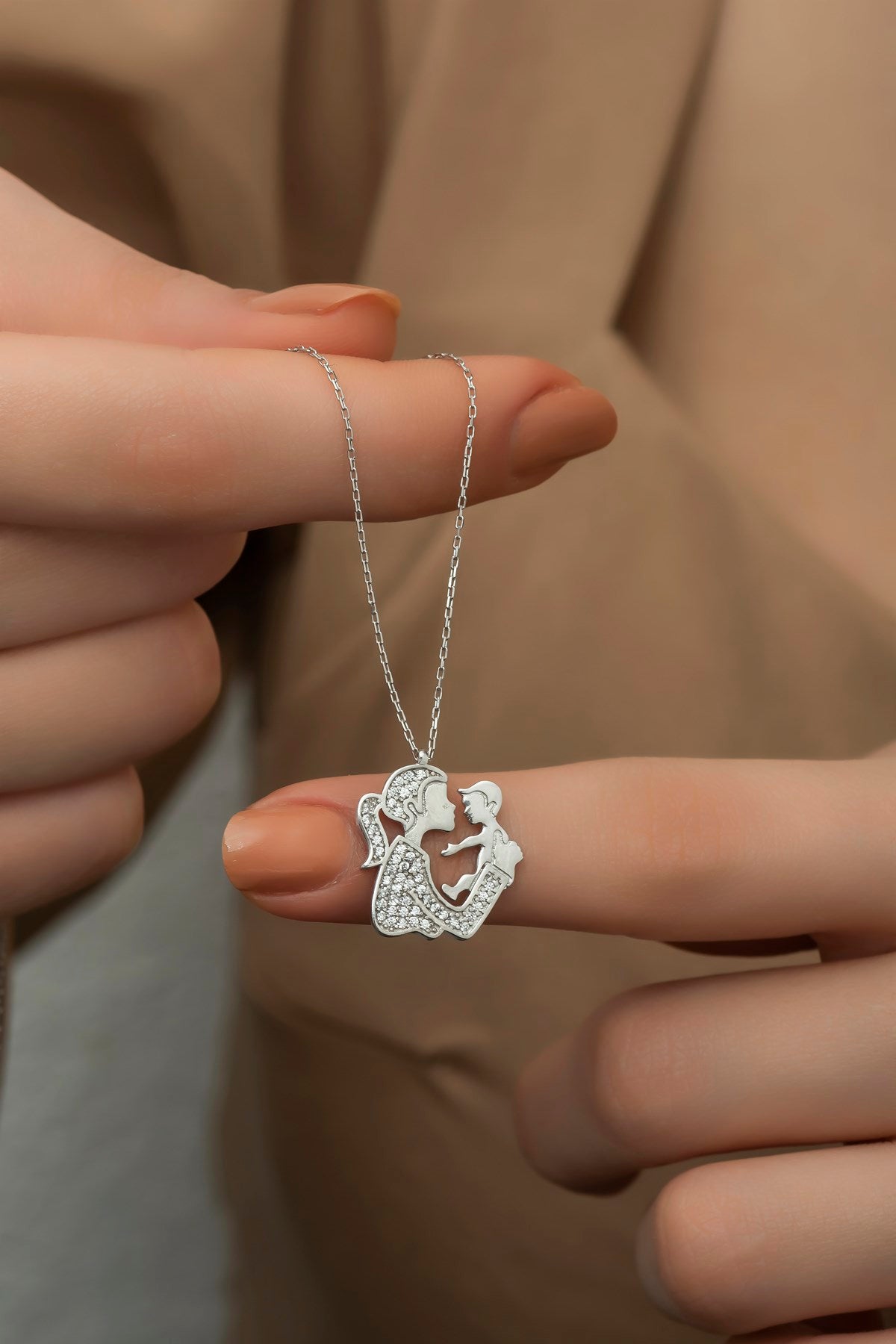 Silver zircon mother baby necklace