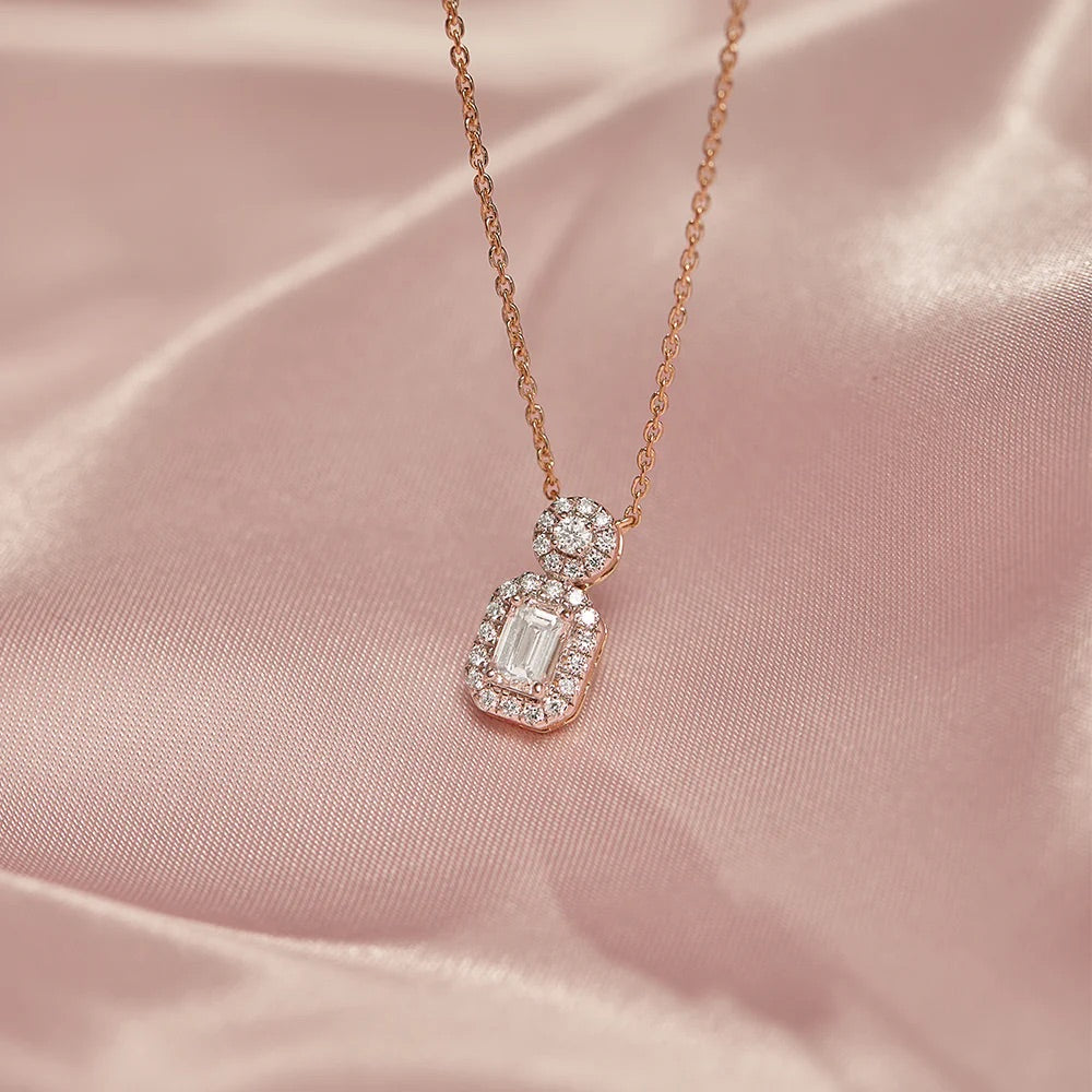 Emerald Cut Drop Halo Necklace