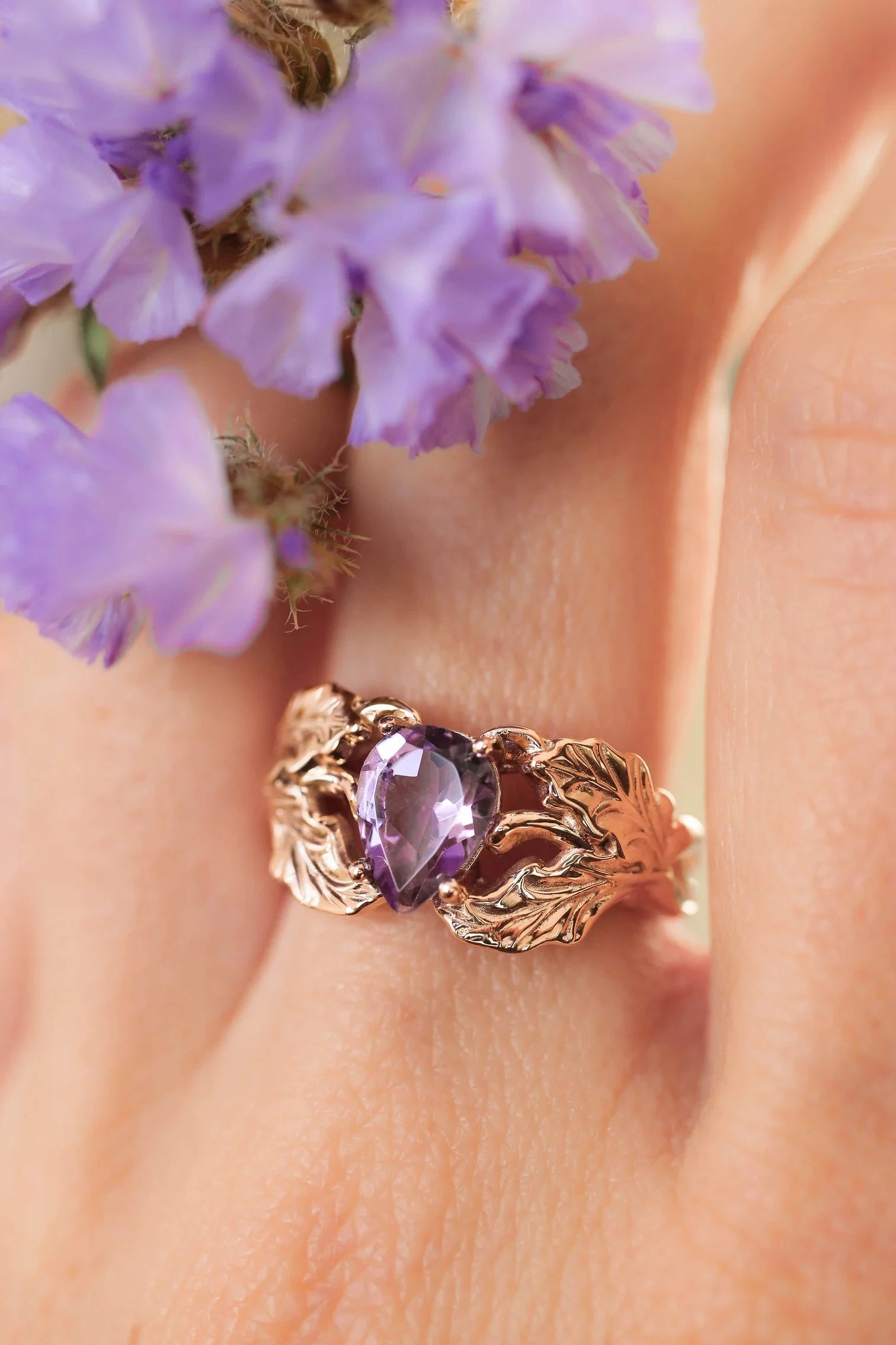 Amethyst Stone Pear Cut Leaf Ring - ARTSY SILVER