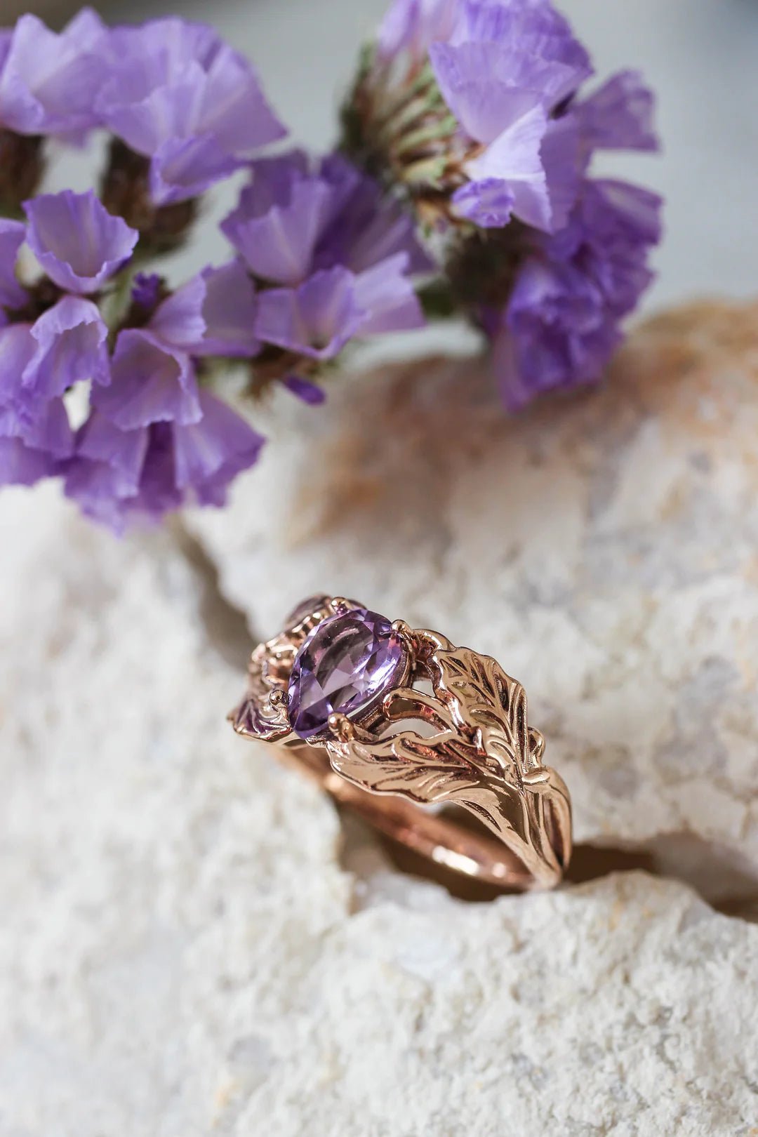 Amethyst Stone Pear Cut Leaf Ring - ARTSY SILVER