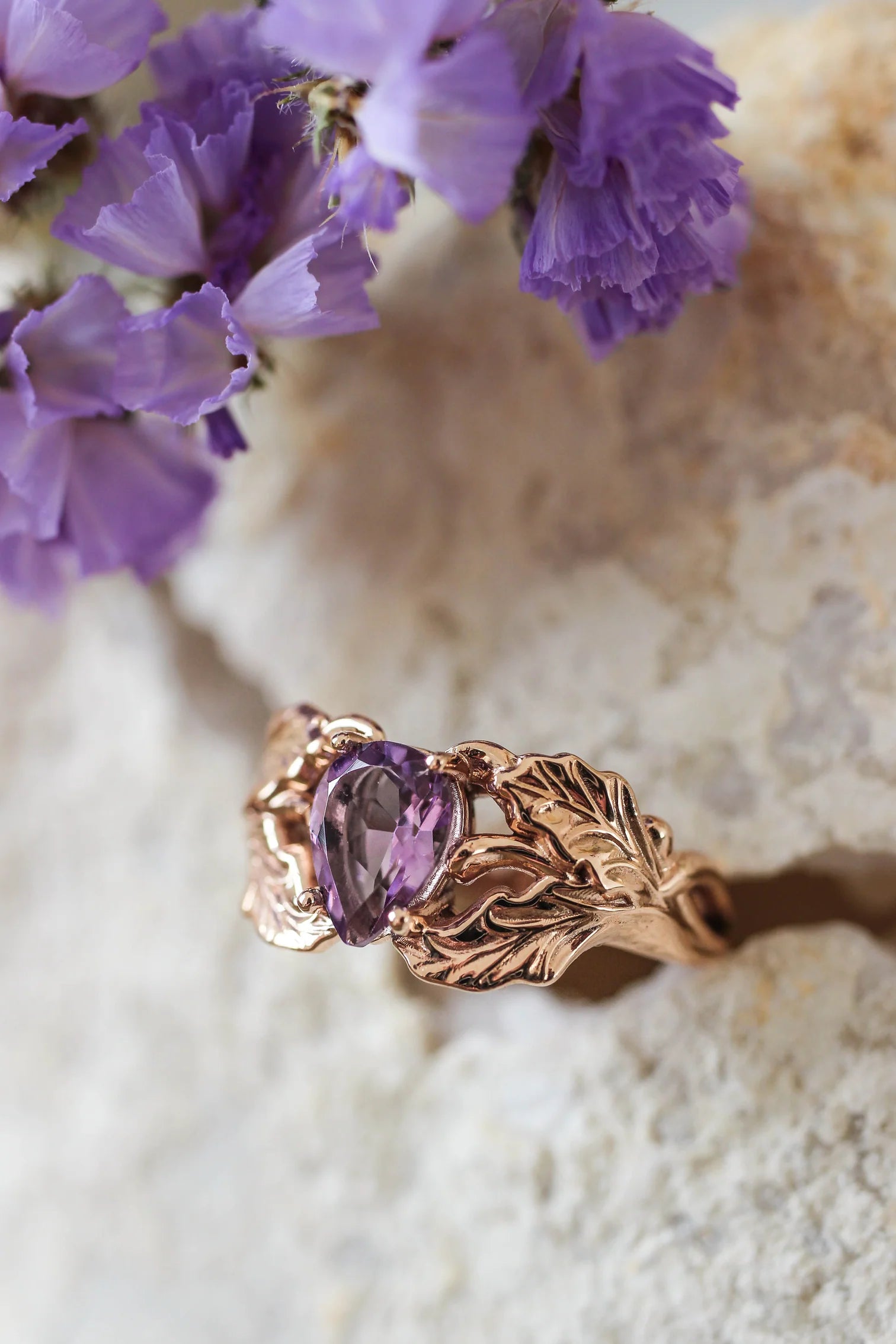 Amethyst Stone Pear Cut Leaf Ring - ARTSY SILVER