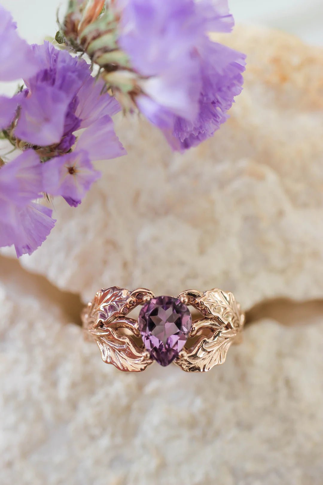 Amethyst Stone Pear Cut Leaf Ring - ARTSY SILVER
